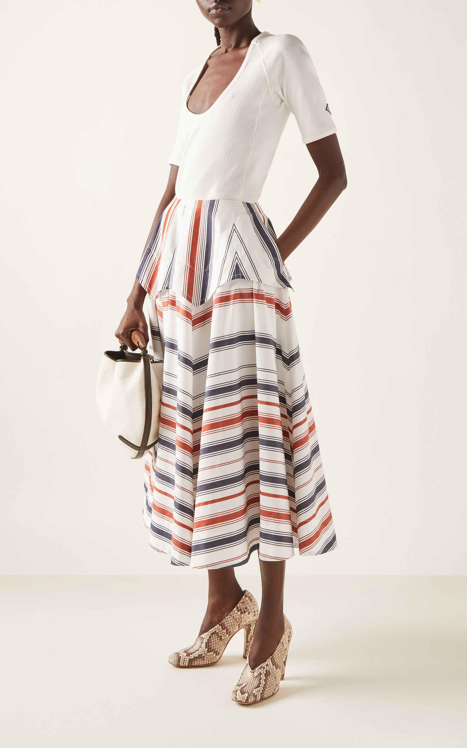 Drop-Waist Cotton-Linen Midi Skirt stripe - 2