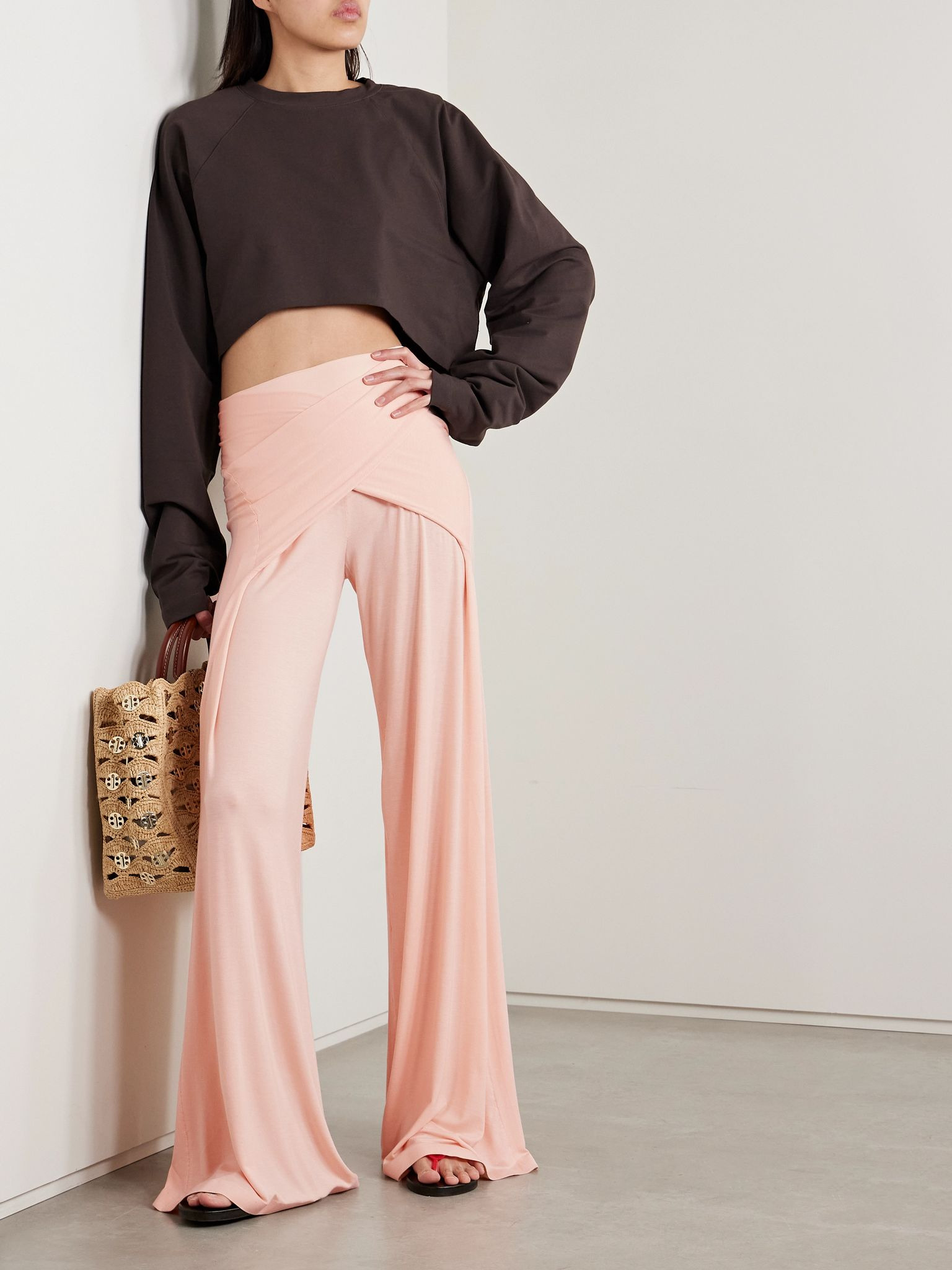 Elephant wrap-effect draped stretch-jersey wide-leg pants Blush - 2
