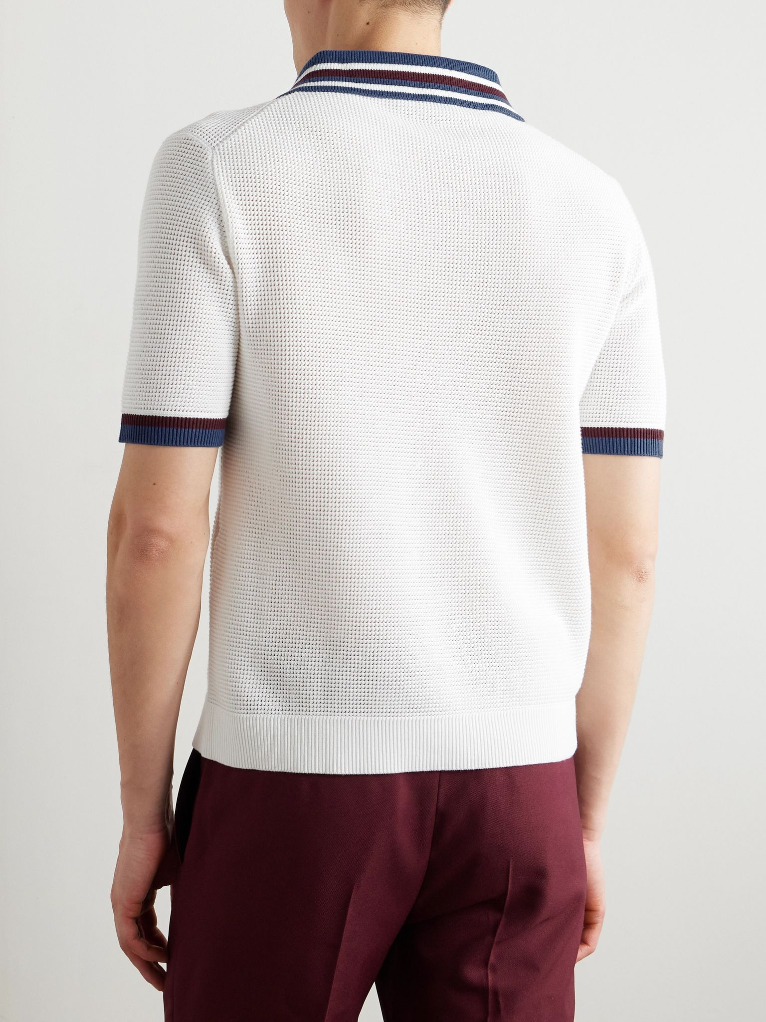 Lido Logo-Jacquard Striped Open-Knit Cotton Polo Shirt White - 3