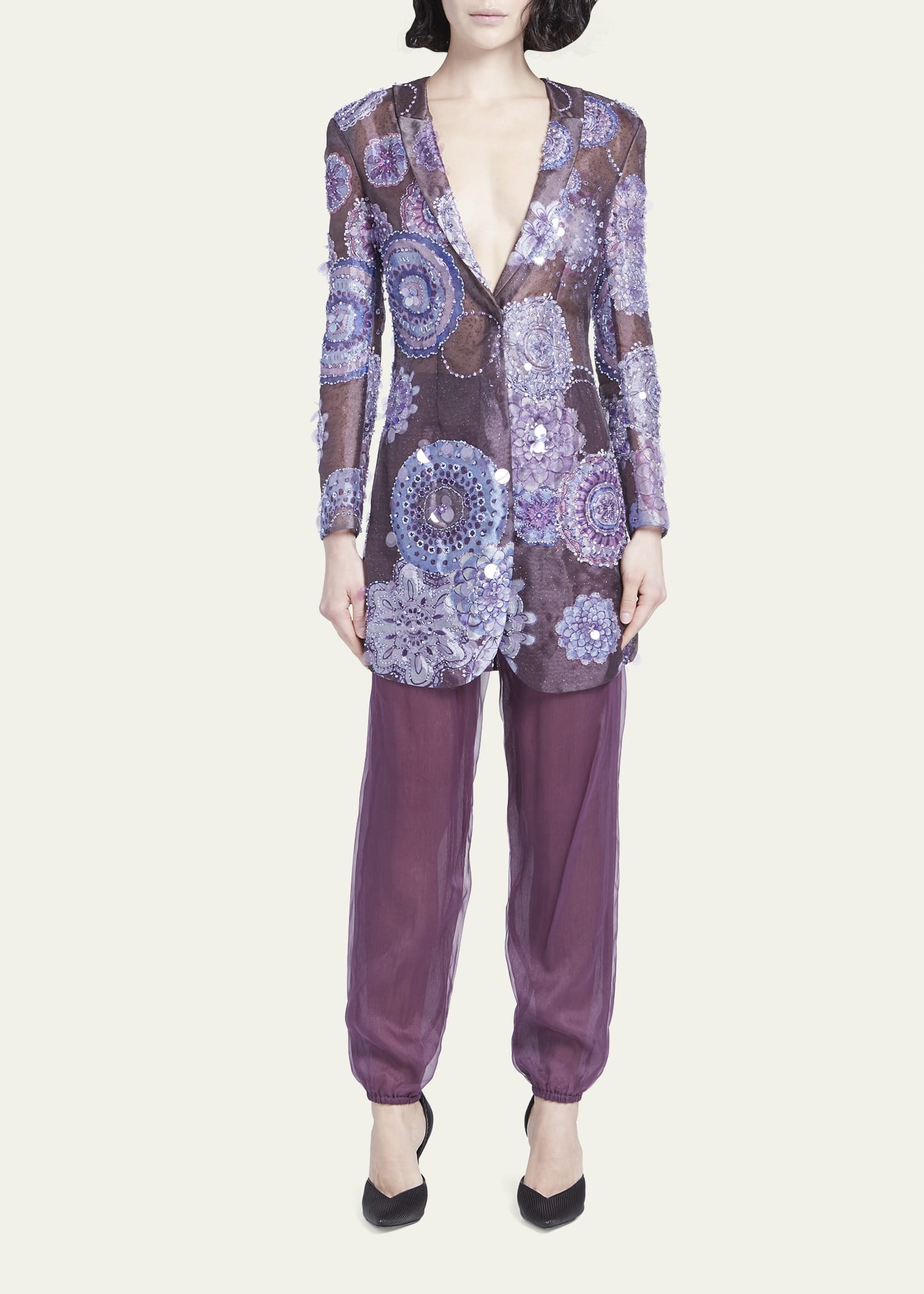 Sheer Printed Blazer Jacket with Beaded Details - 2
