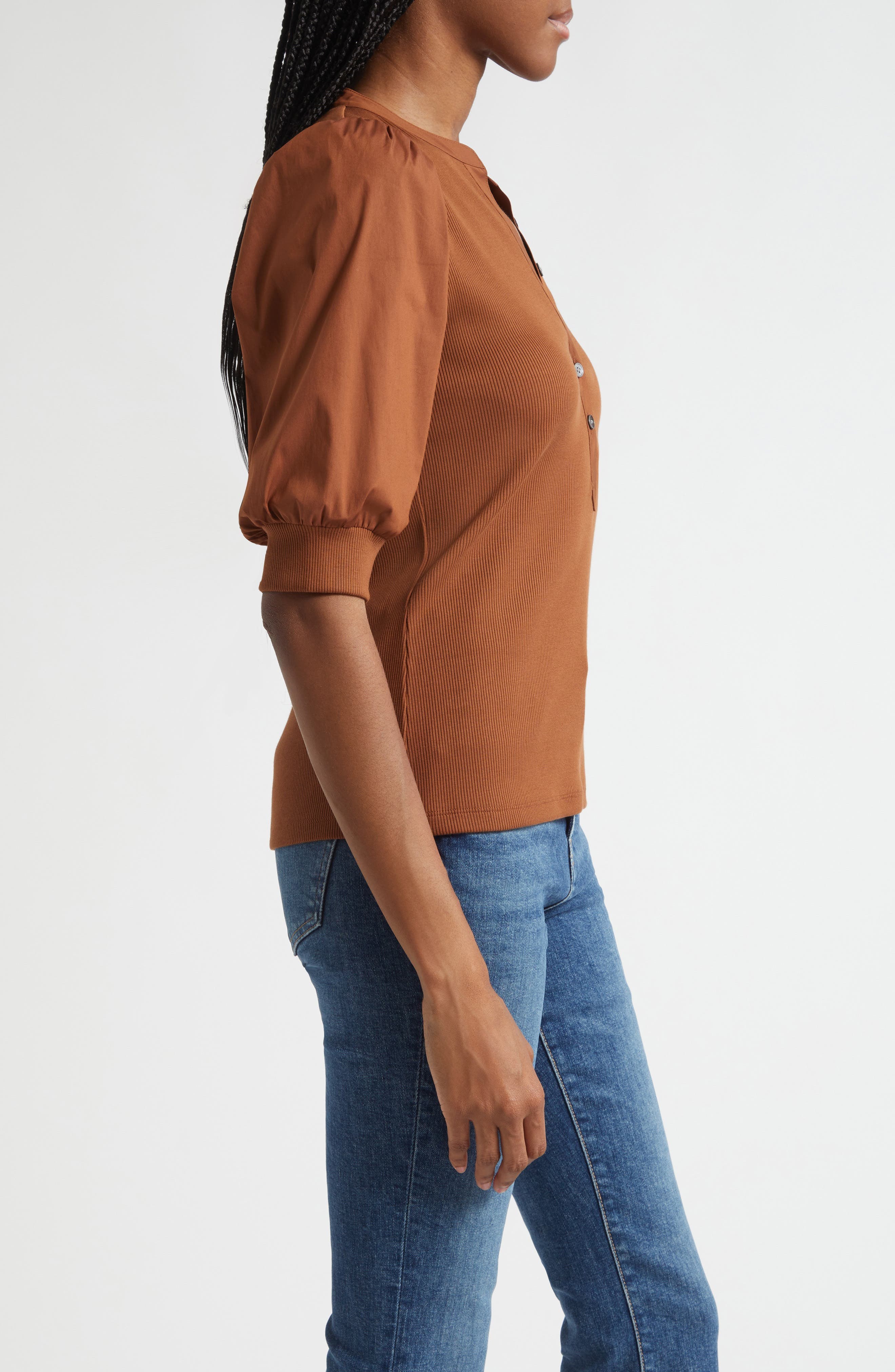 Veronica Beard Coralee Puff Sleeve Mixed Media Henley Top in Mahogany at Nordstrom - 3