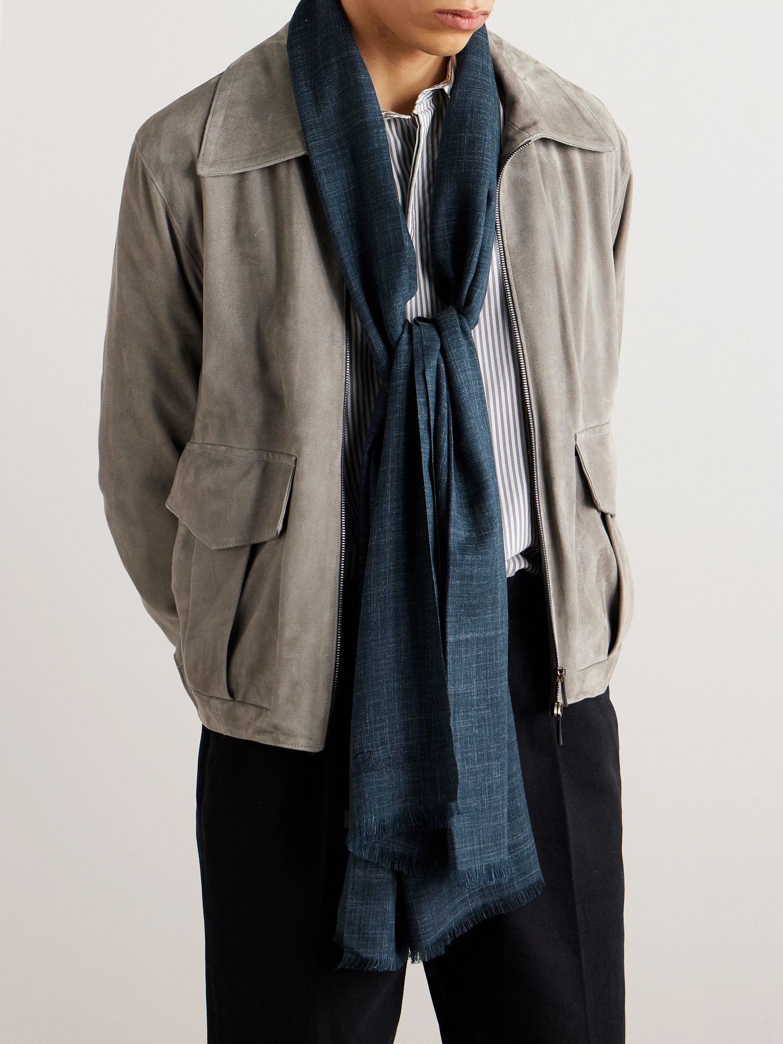 Mitoku Logo-Embroidered Slub Silk and Linen-Blend Scarf Blue - 2