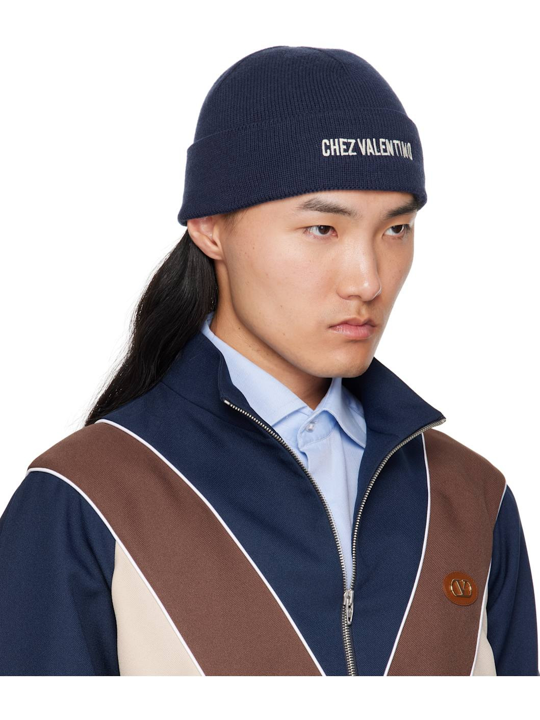 Navy 'Chez Valentino' Knitted Wool Beanie - 2