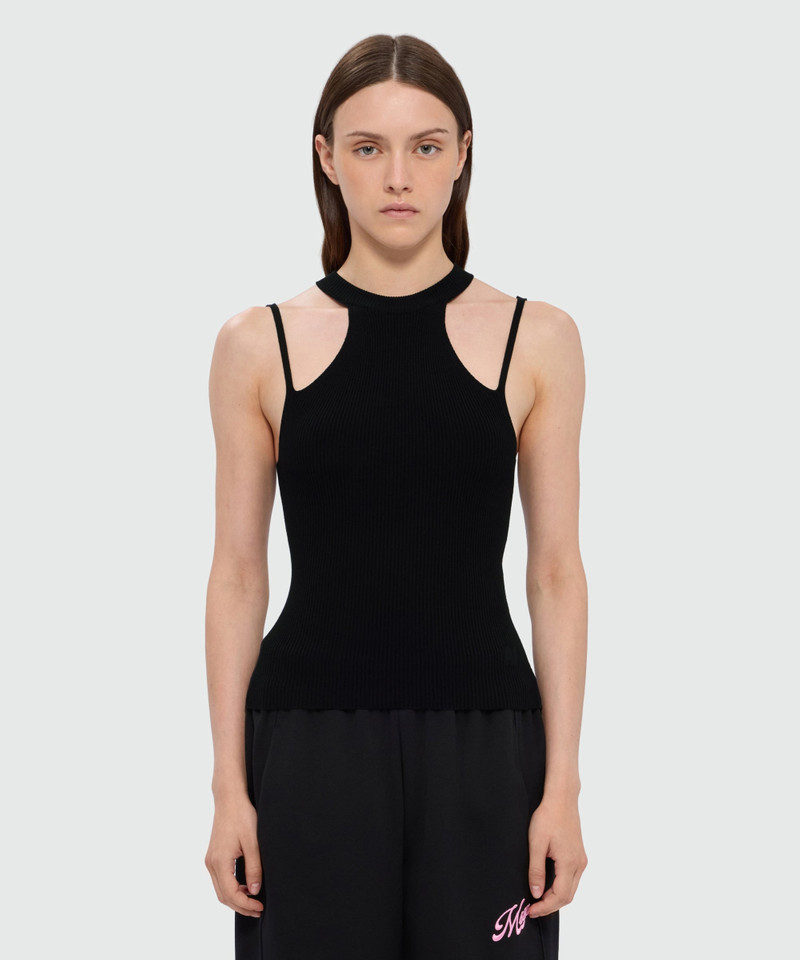 MSGM Black techno-viscose halter-neck top with strap detail outlook