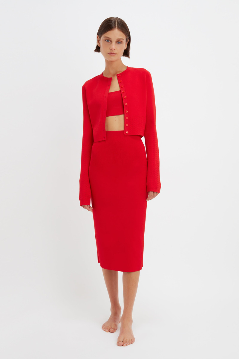 Victoria Beckham VB Body Cropped Fitted Cardigan in Red outlook