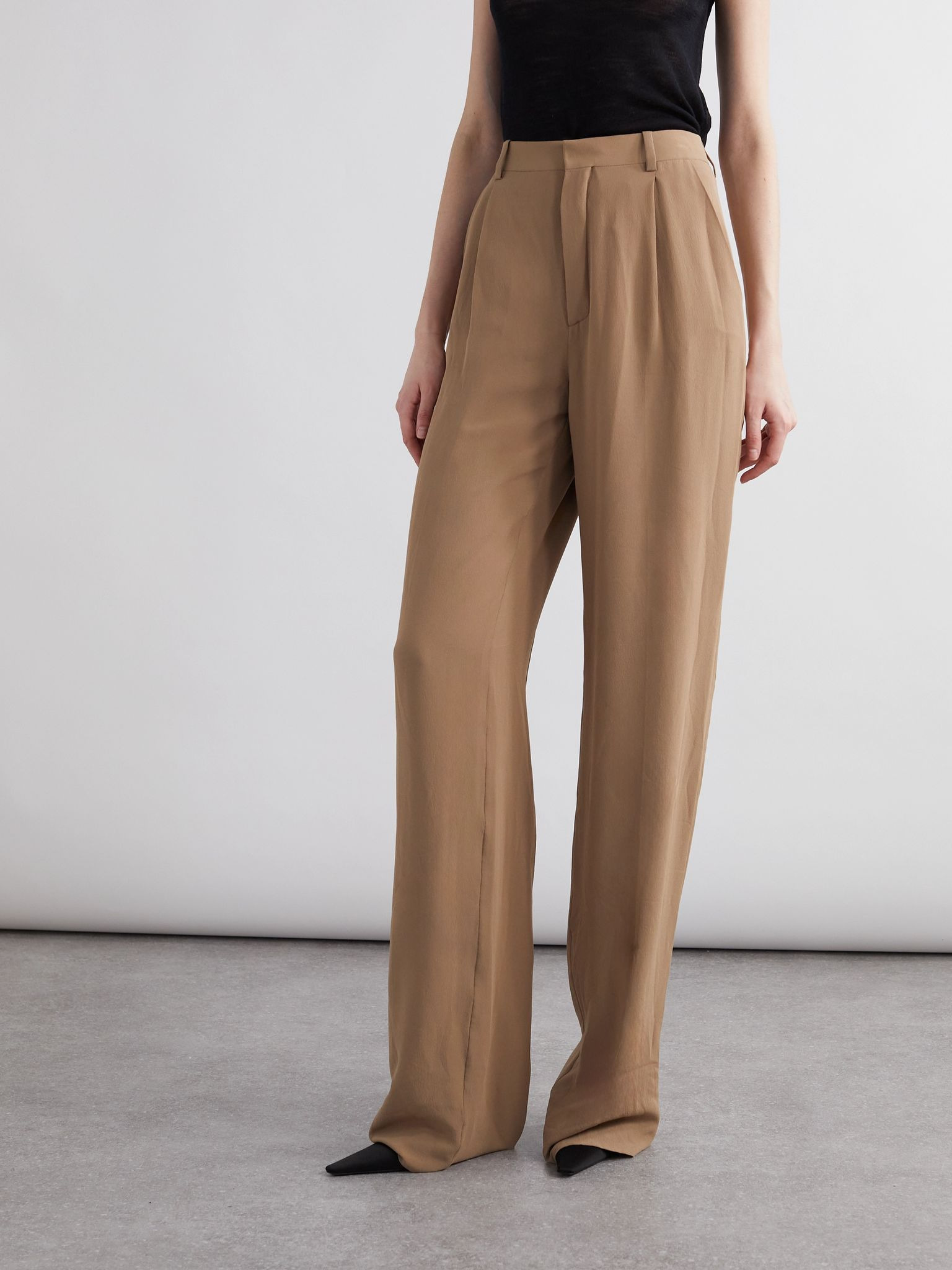 Silk-georgette straight-leg pants Light brown - 3