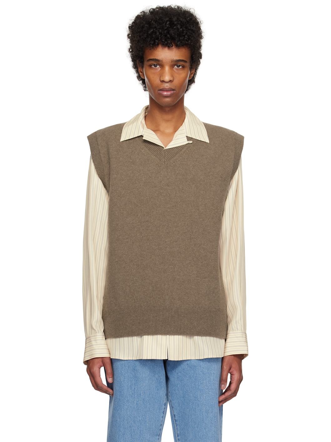 Taupe Relaxed Knitted Boiled Wool Vest - 1