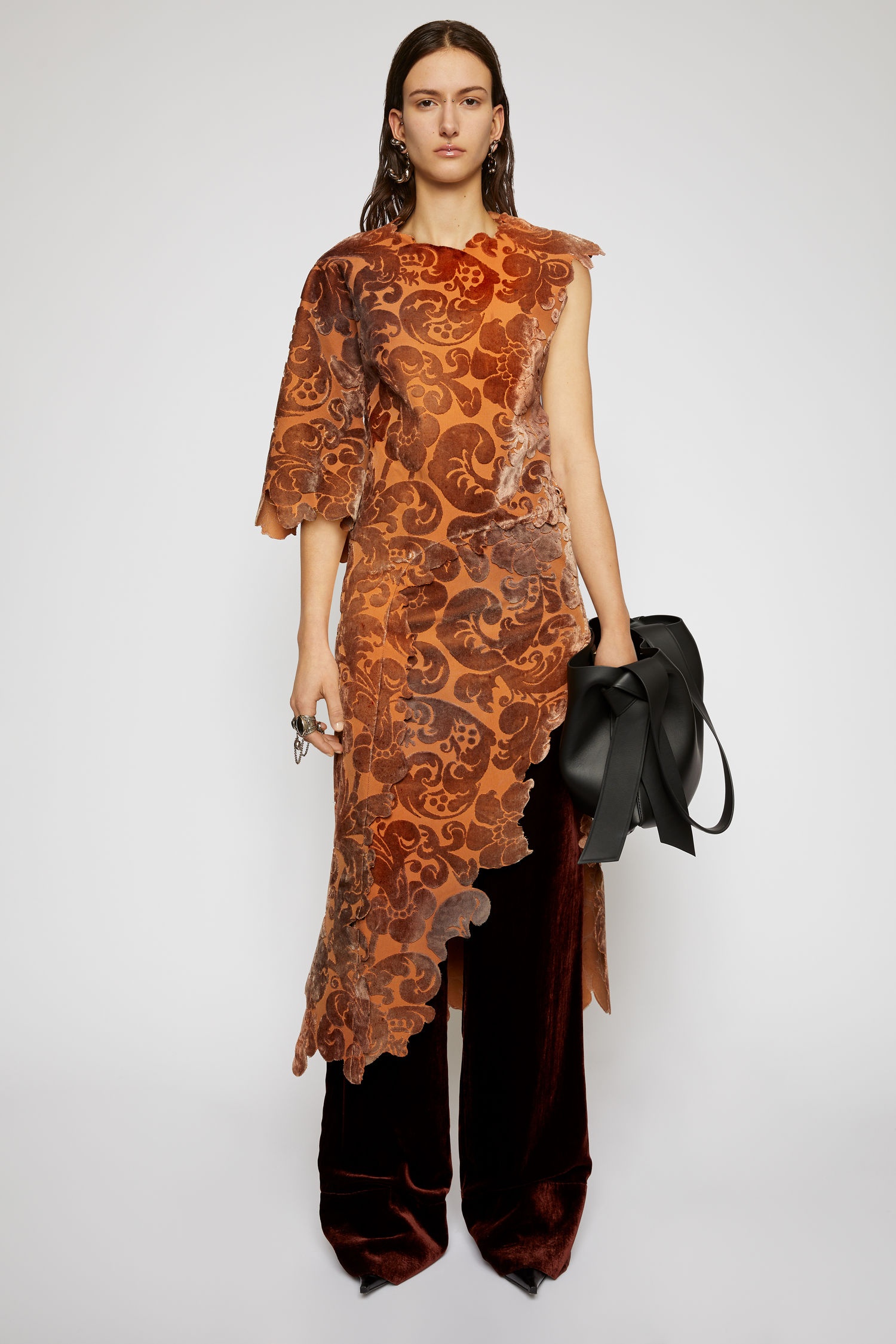 Floral-jacquard velvet dress peach orange - 2