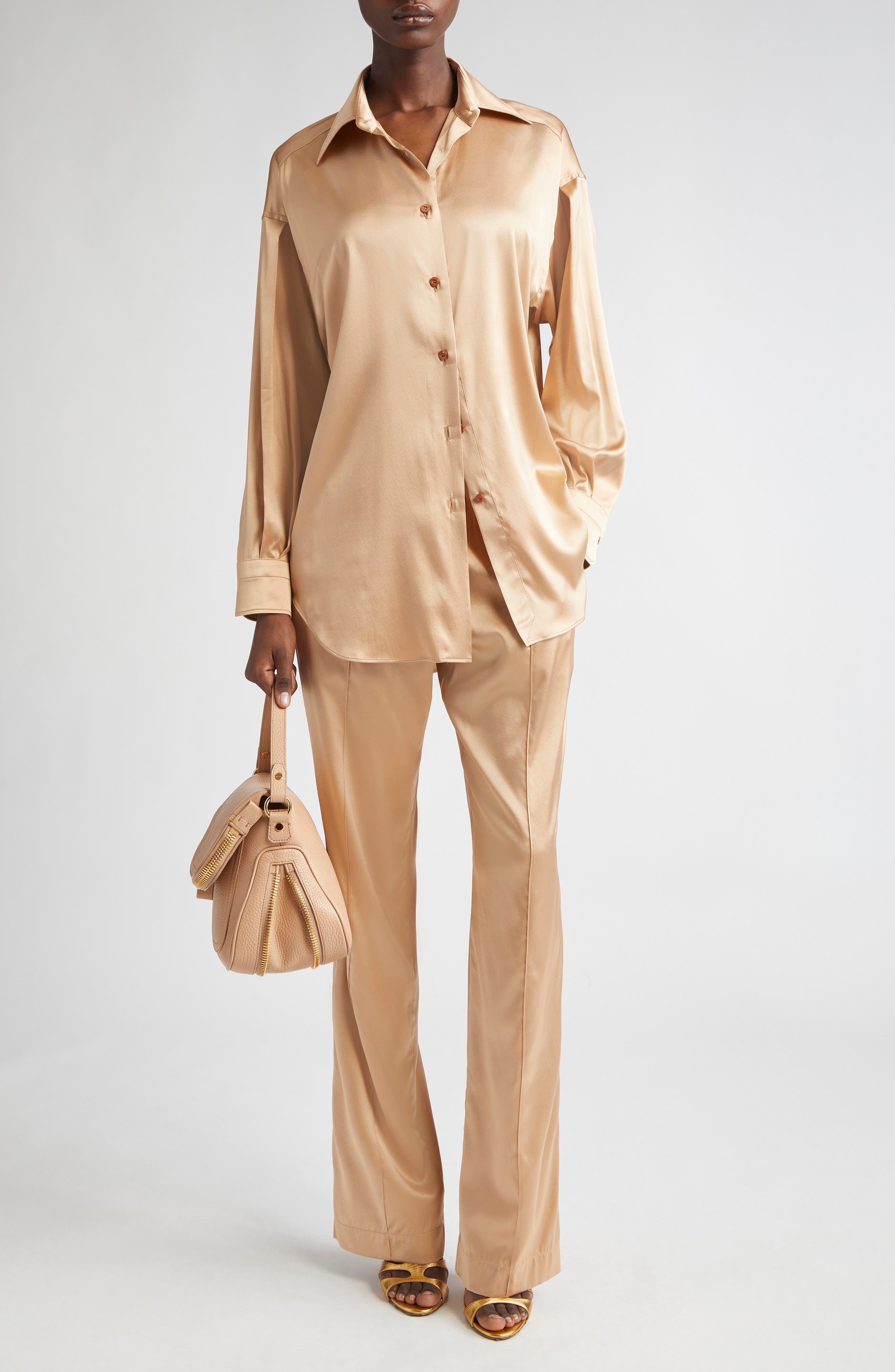 TOM FORD Relaxed Fit Stretch Silk Satin Blouse in Pale Beige at Nordstrom - 2