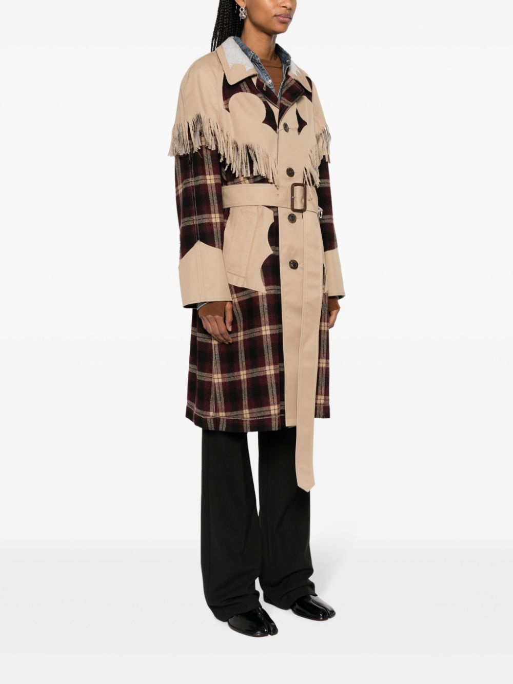 check-pattern fringed wool coat - 3