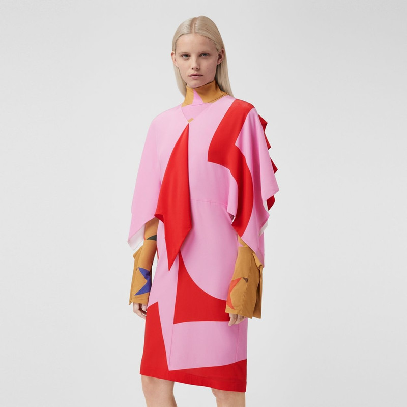 케이프 소매 기하학 인쇄 실크 Crepe de Chine 복장 5
