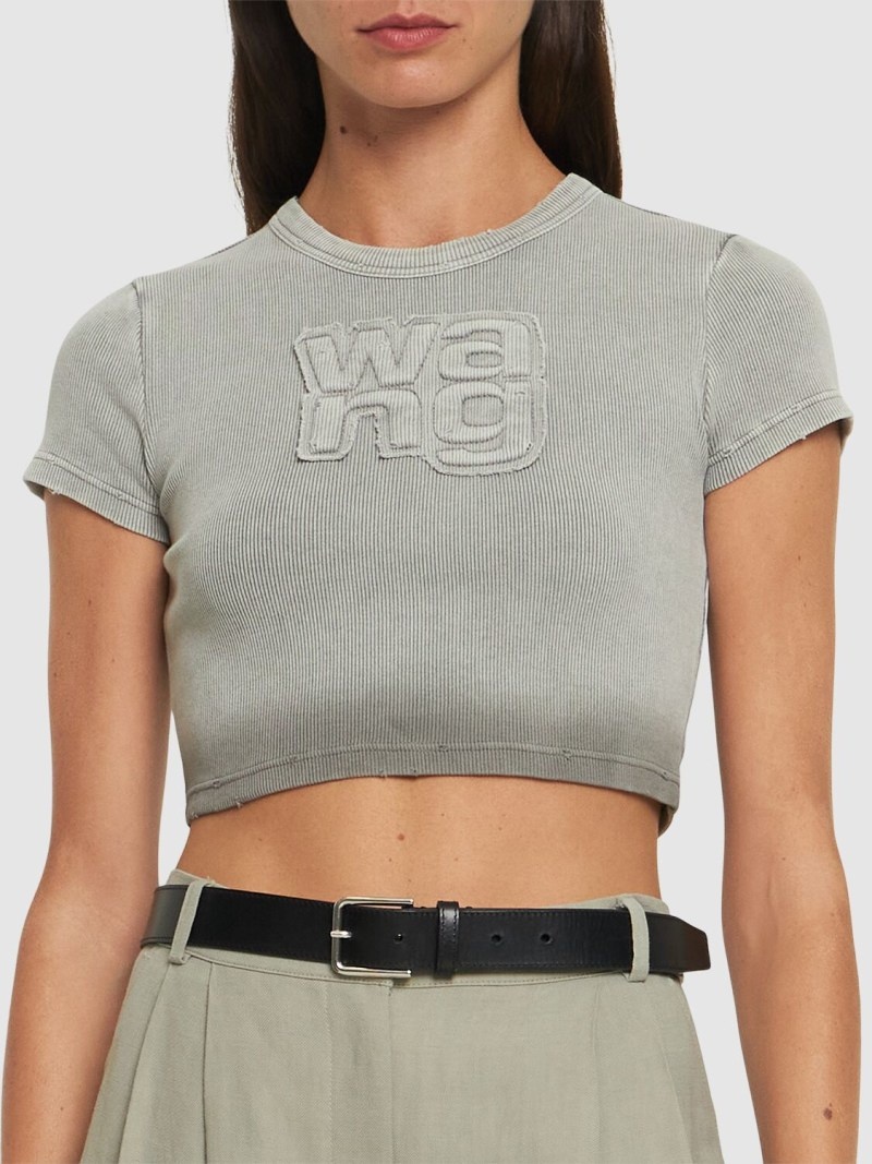 Distressed ribbed cotton crop t-shirt - 3