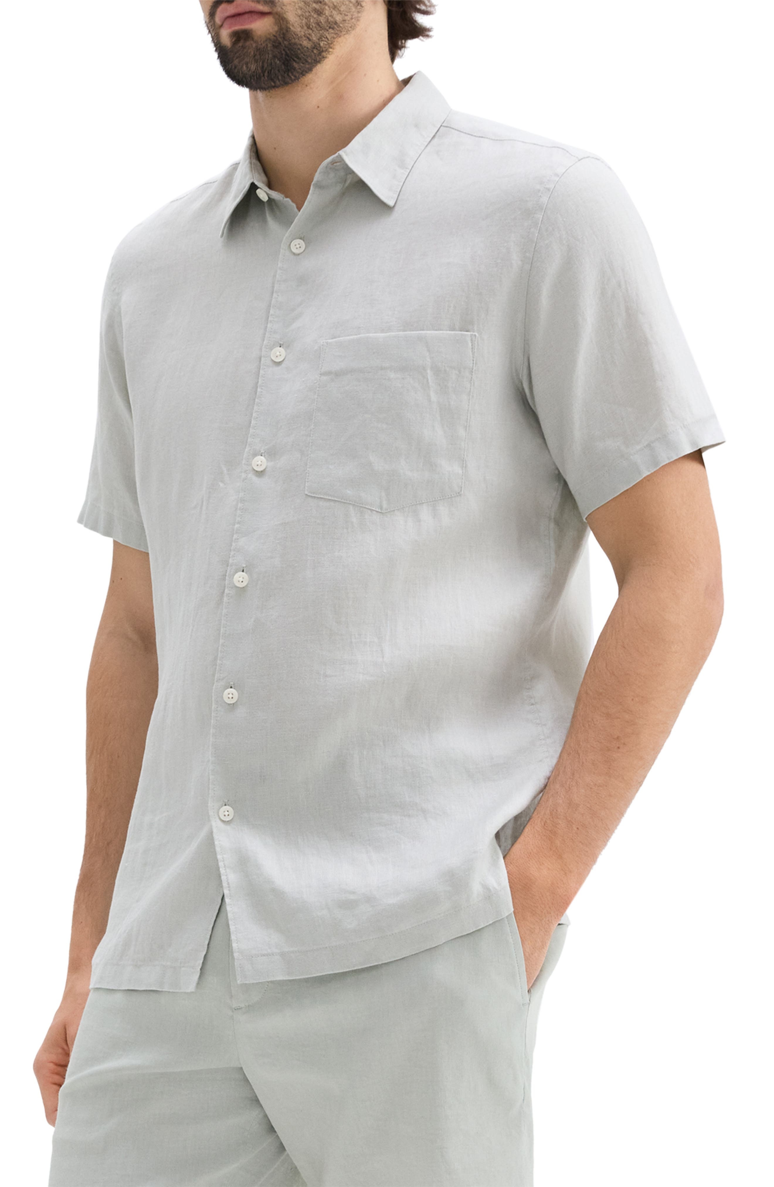 Theory Irving Solid Short Sleeve Linen Button-Up Shirt in Light Green at Nordstrom - 4