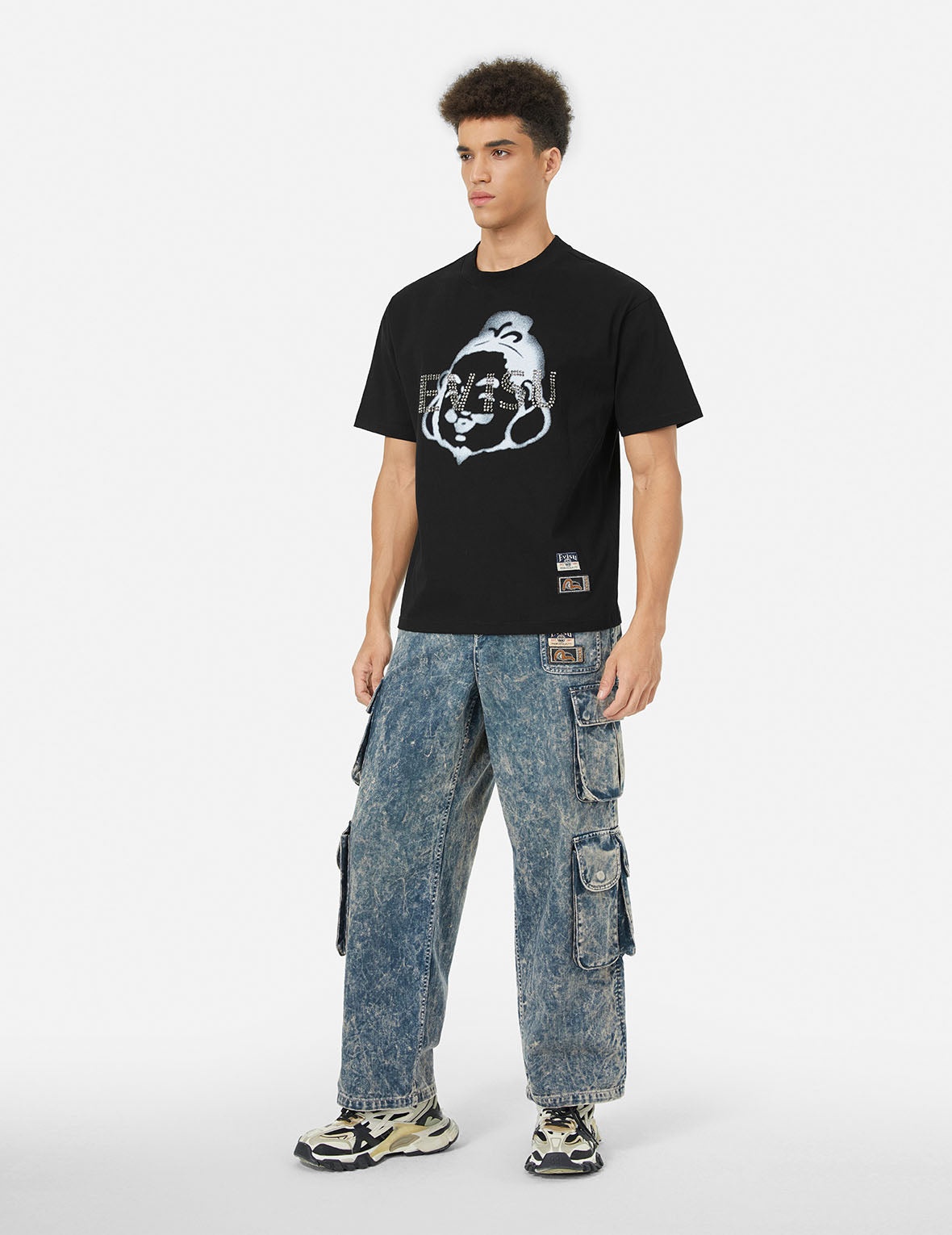 Rhinstone Logo and Godhead Print Relax Fit T-Shirt - 3