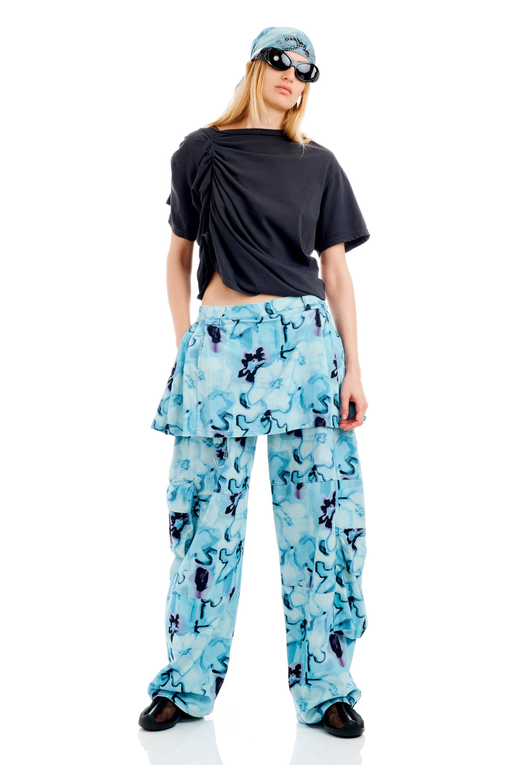 SKY WATERCOLOR FLORAL LAWN SKIRT CARGO PANT - 2