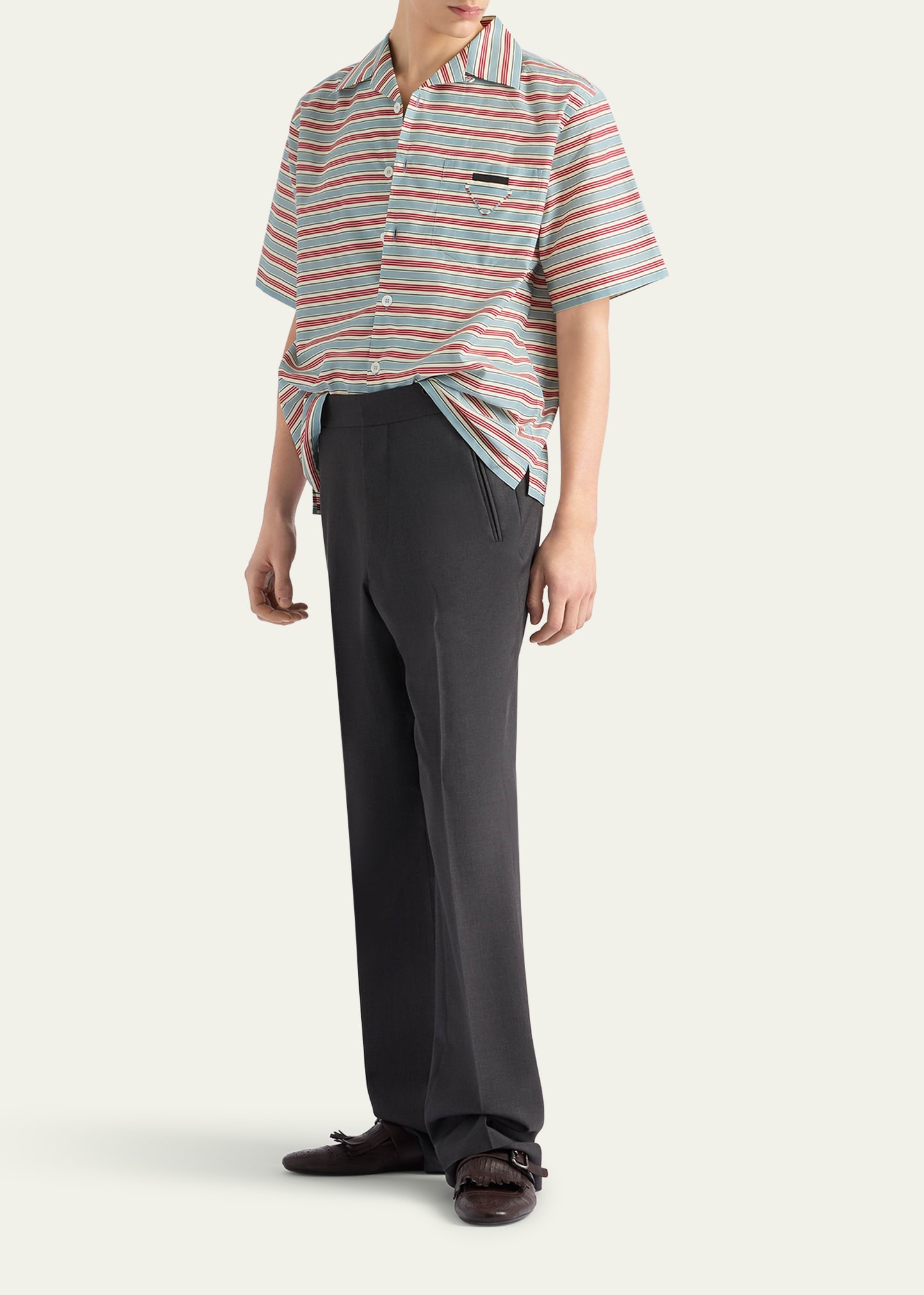 Men's Cotton and Silk Stripe Short-Sleeve Shirt - 2
