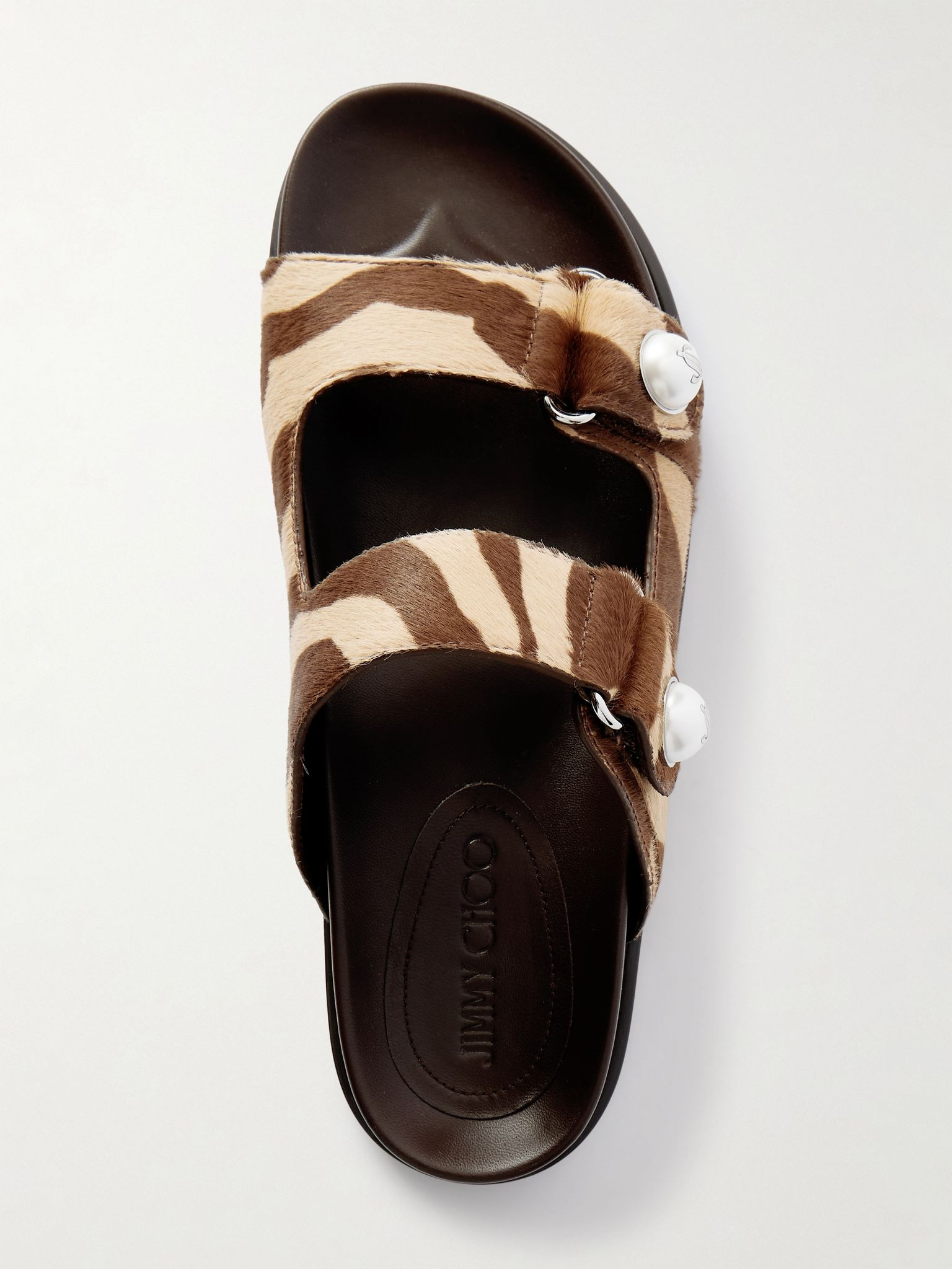 Faux pearl-embellished zebra-print calf hair sandals Chocolate - 5