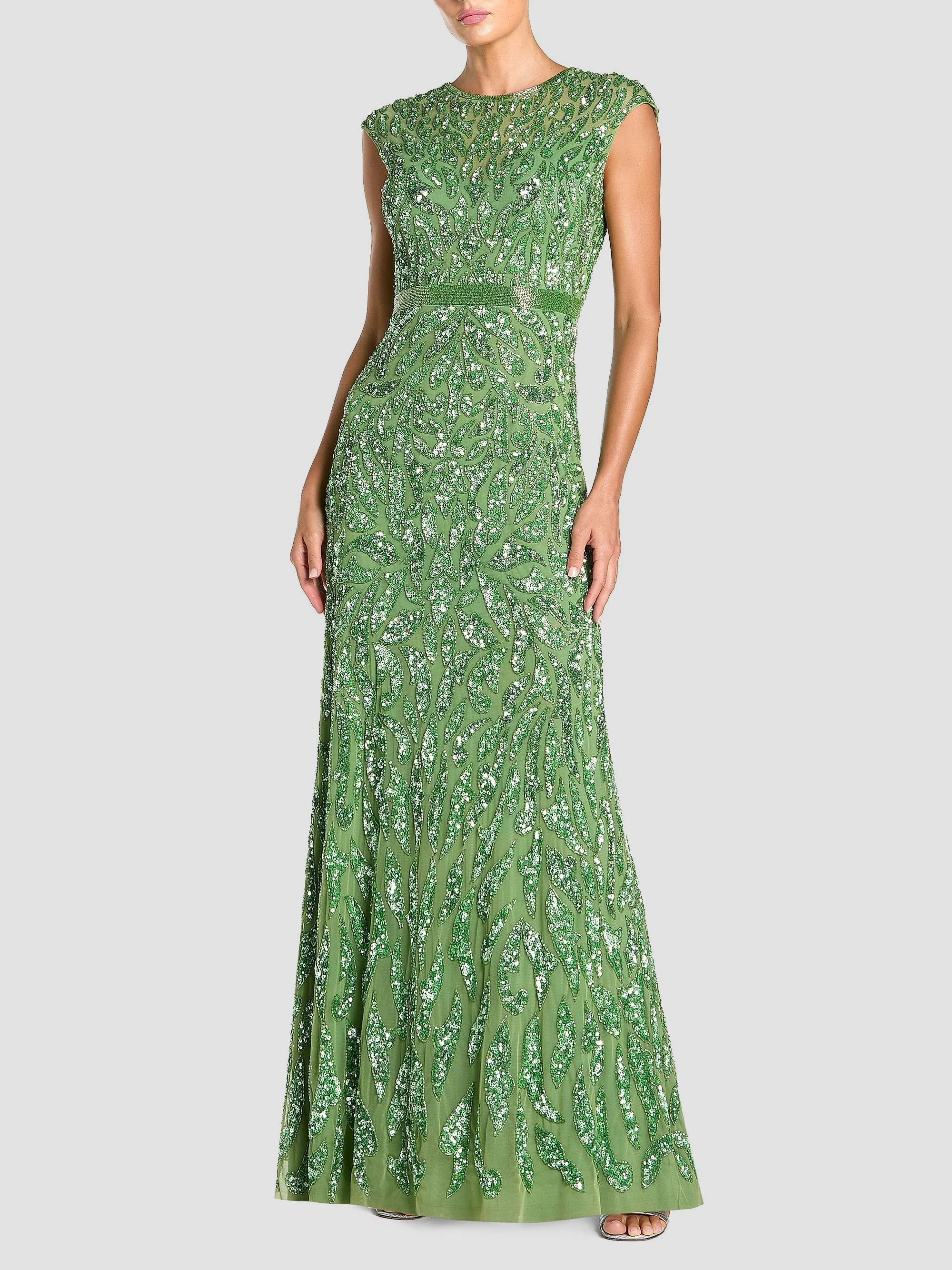 Women's Embellished Illusion Cap-Sleeve Column Gown - Sage - 1