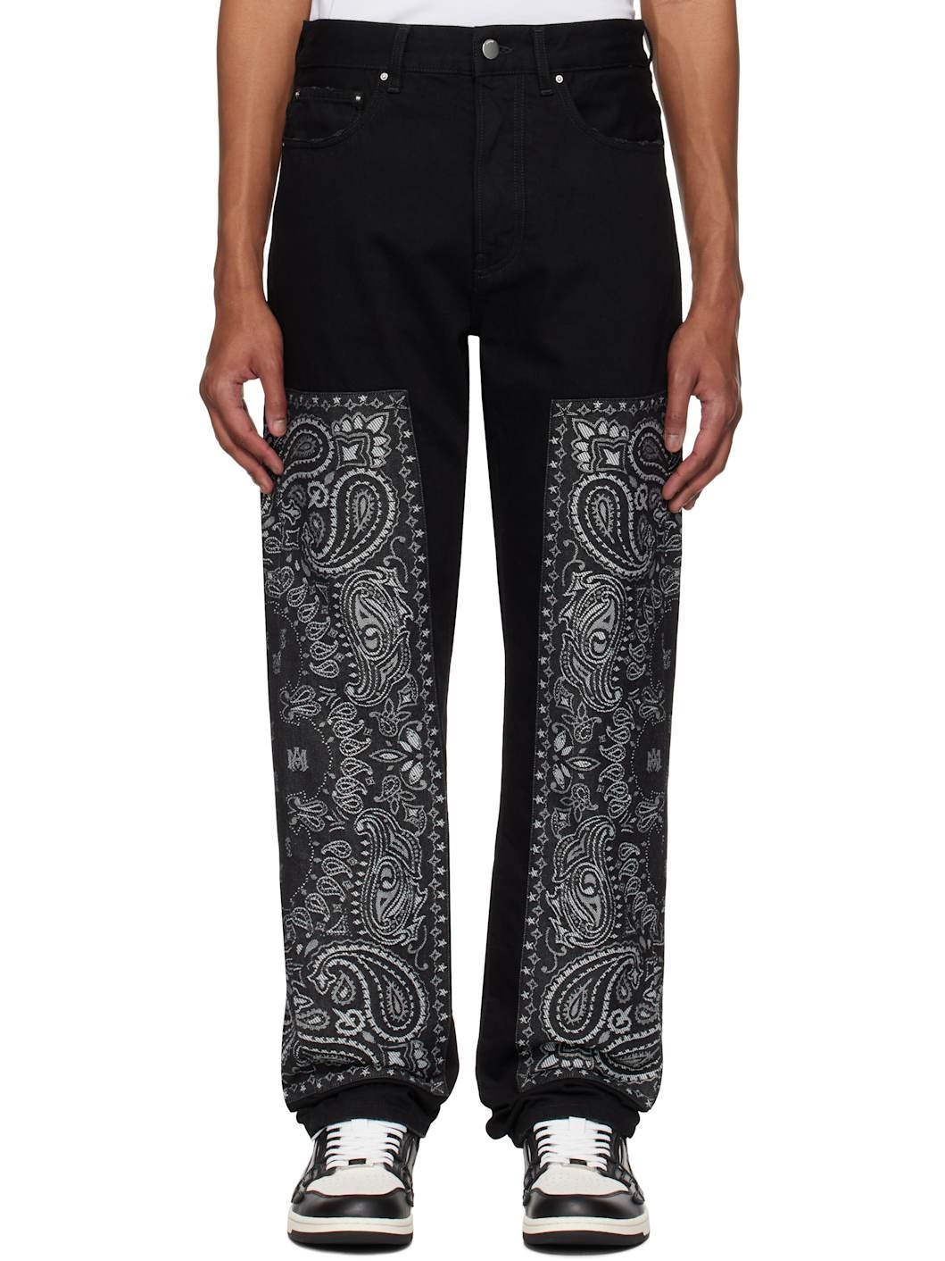 Black Bandana Jacquard Paneled Straight Jeans - 1