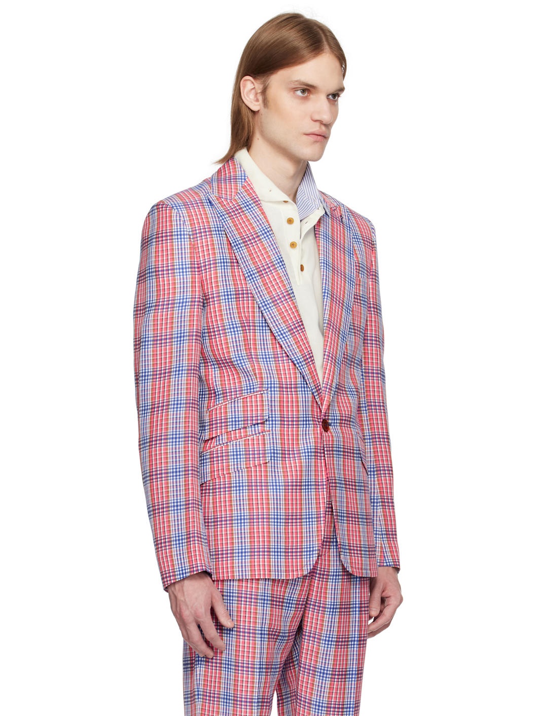 Red & Blue One Button Blazer - 2