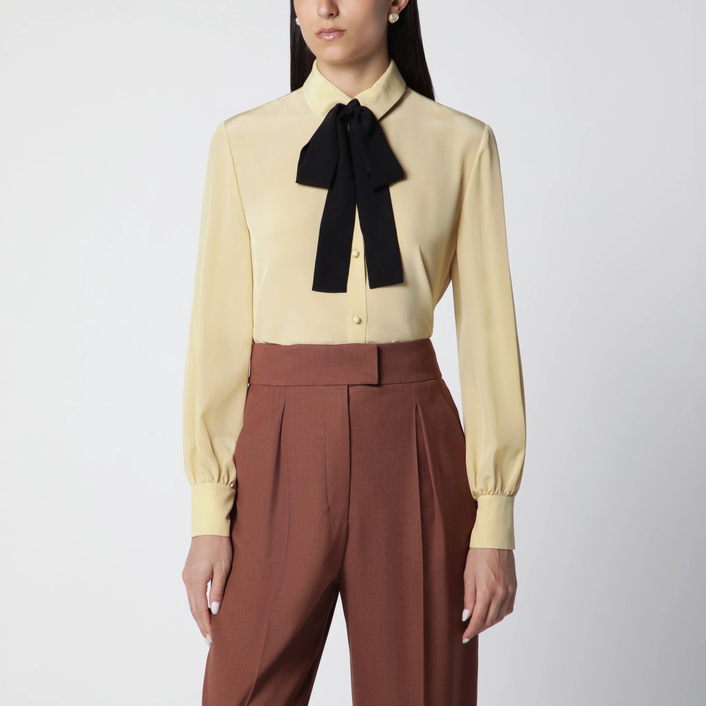 Light Beige Silk Bow Shirt - 1