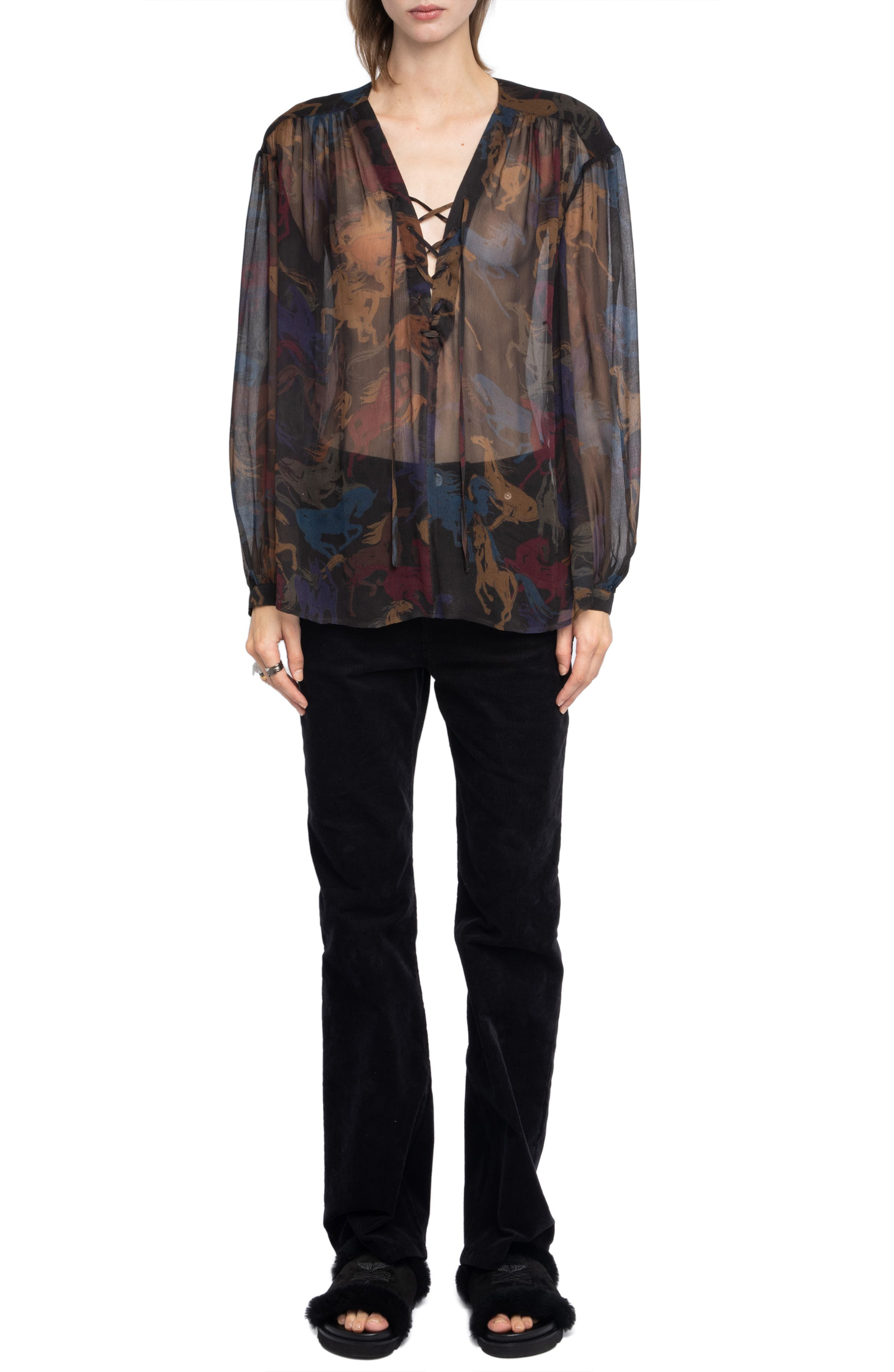 Zadig & Voltaire Tamela Horses Sheer Mousseline Top in Dark Chocolate at Nordstrom - 6