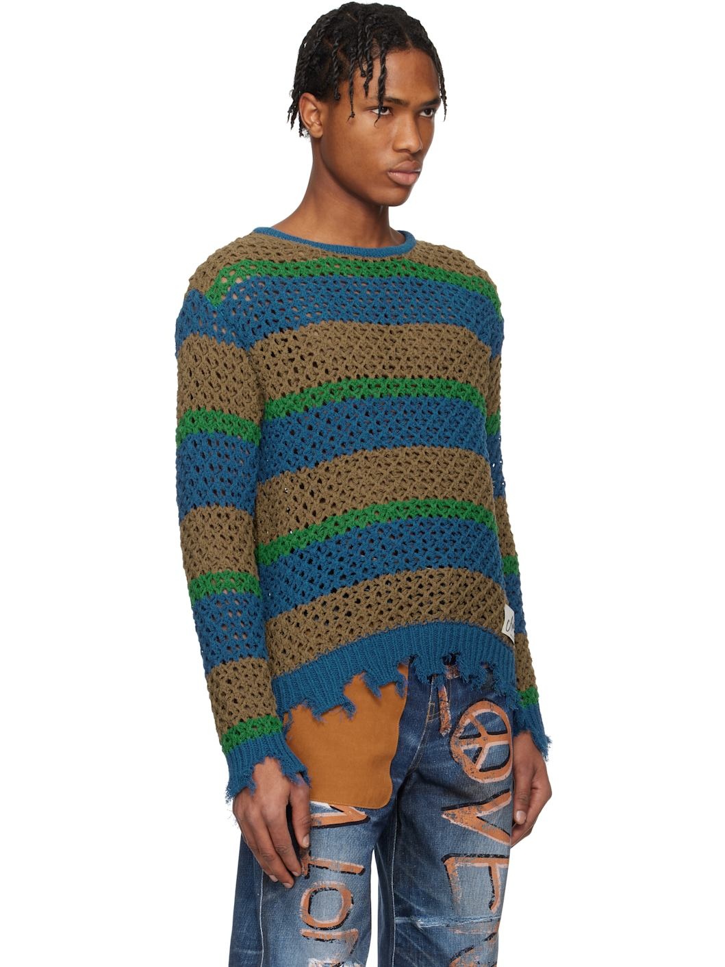 Multicolor Damaged Stripe Boatneck Sweater - 2