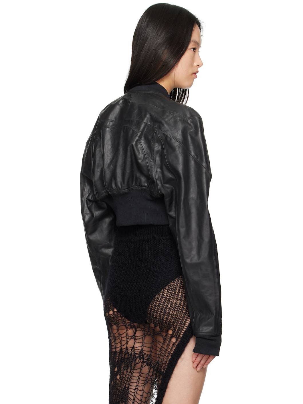 Black Hollywood Girdered Cropped Leather Bomber Jacket - 3