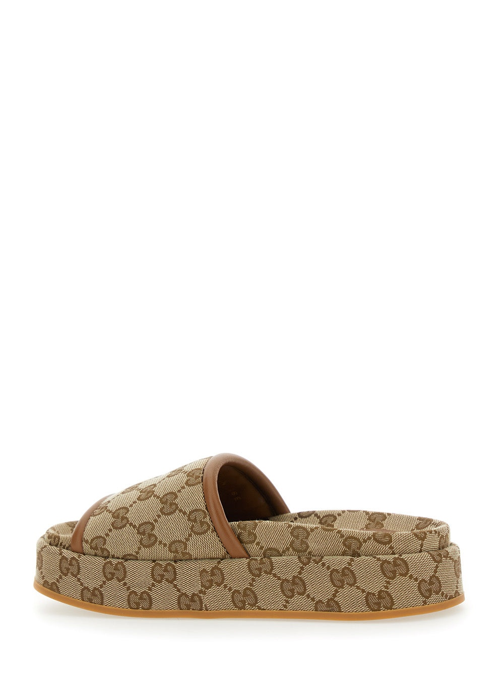 Gucci Women Beige Sandals With Leather Finishes And All-Over Gg Motif In Fabric Woman - 3