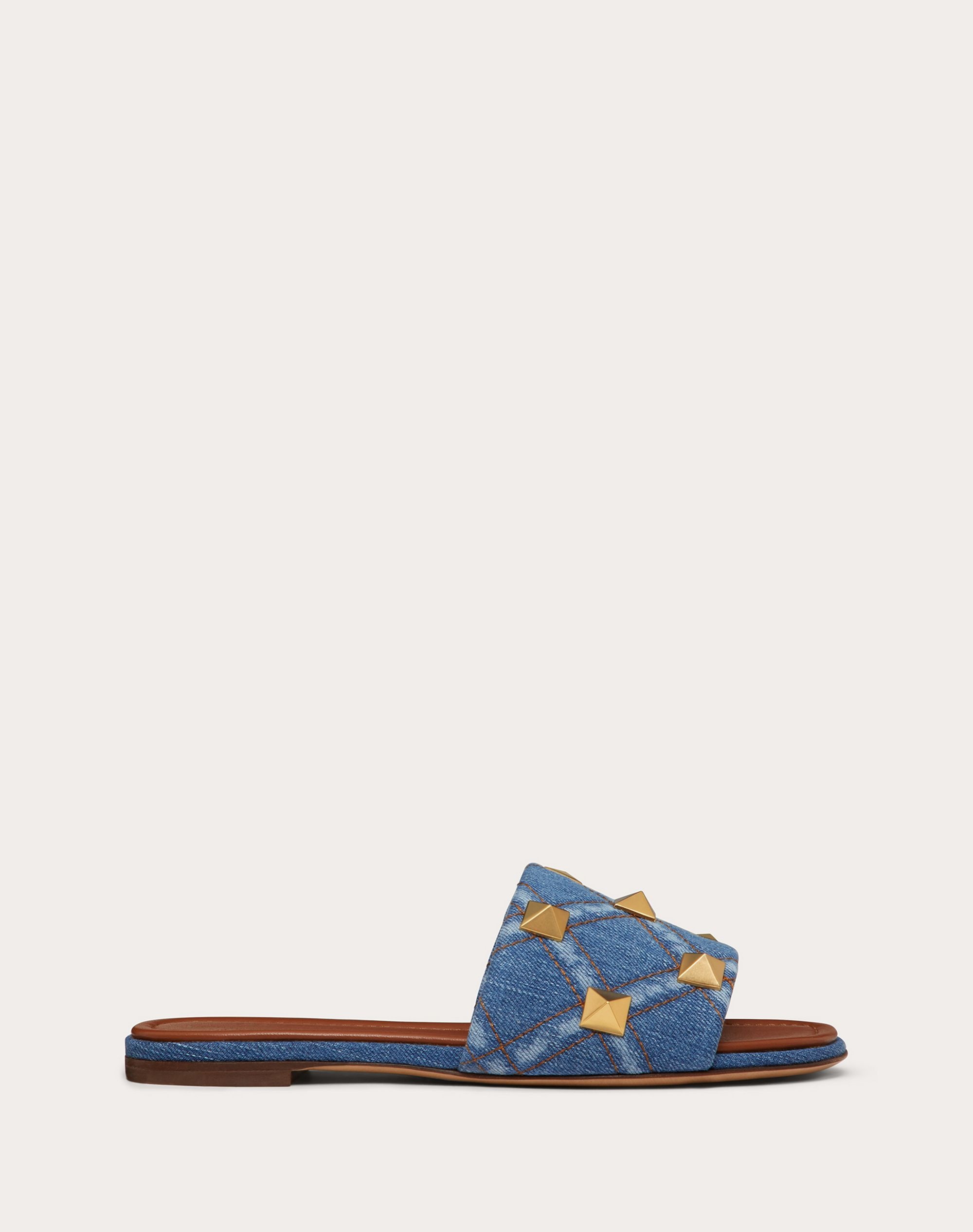 FLAT ROMAN STUD DENIM SLIDE SANDAL - 1
