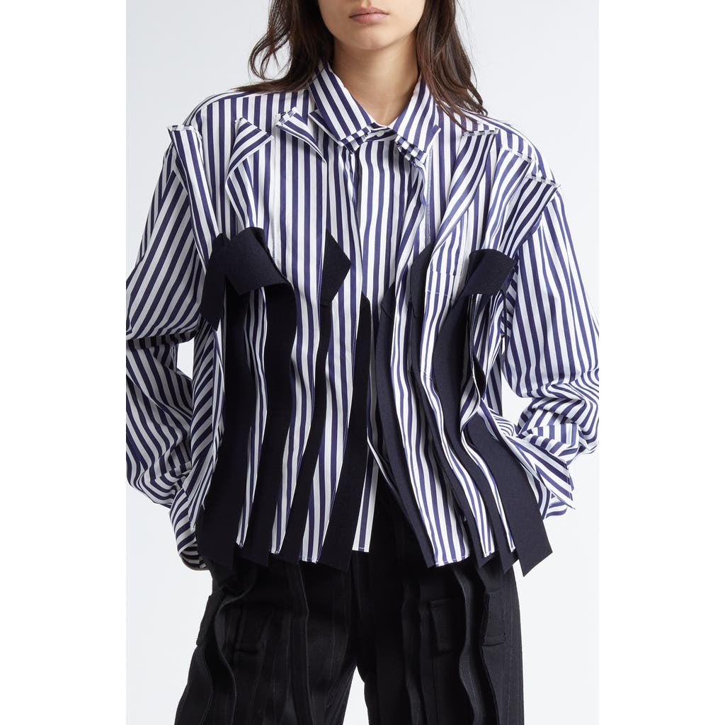 Sacai Stripe Melton Wool Detail Poplin Button-Up Shirt in Navy Striped/Navy at Nordstrom - 1