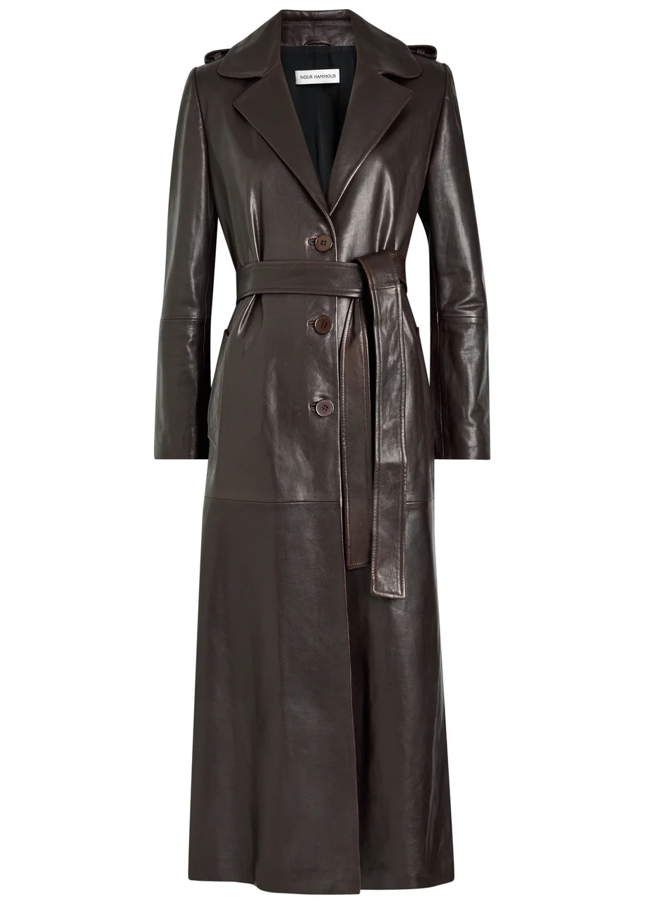 Nour Hammour Scarlett Belted Leather Trench Coat - 1
