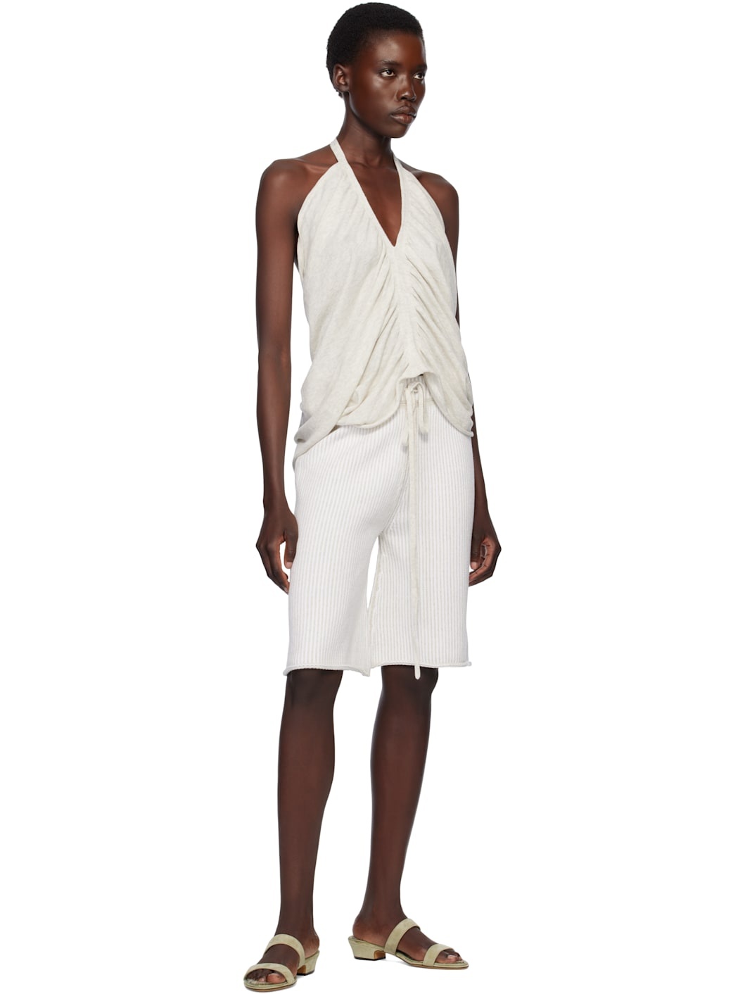 Beige & White Linea Shorts - 4