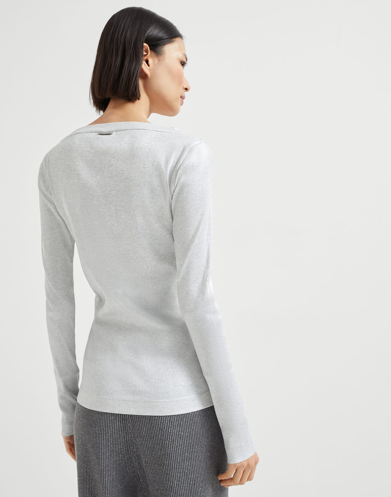 Brunello Cucinelli Sparkling stretch cotton ribbed jersey long sleeve  T-shirt with shiny tab outlook