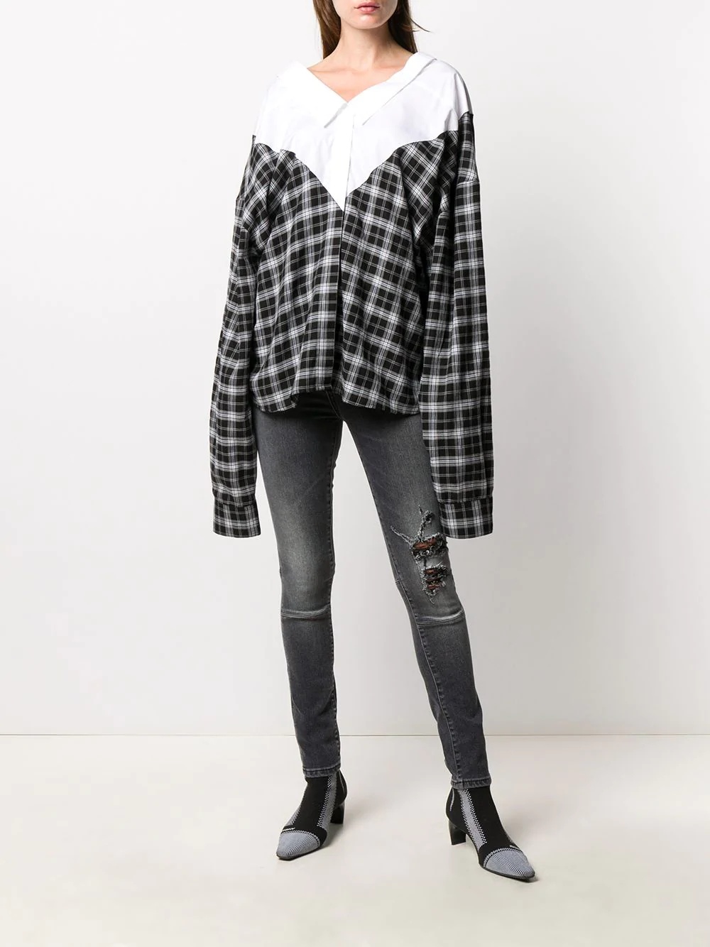 oversized v-neck check shirt - 3