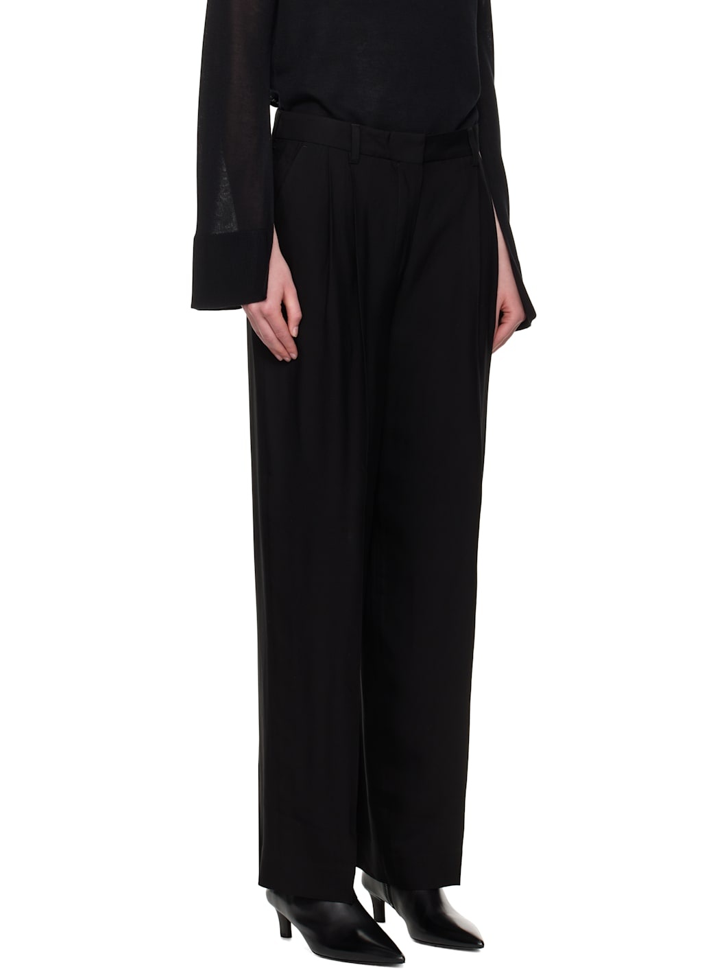 Black Double-Pleat Straight Trousers - 2