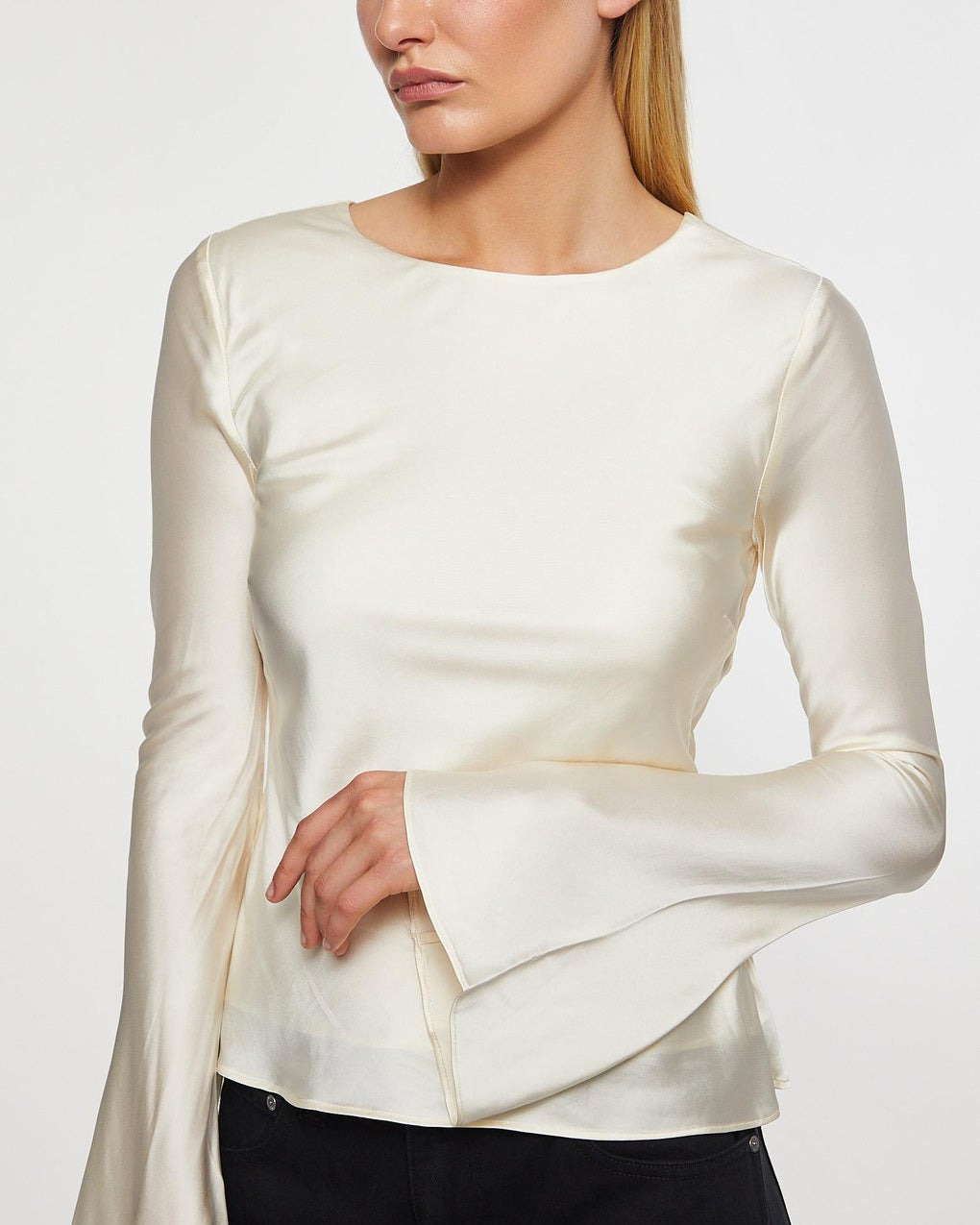 Blouse Solid Stretch Satin Long Sleeve Egret - 5