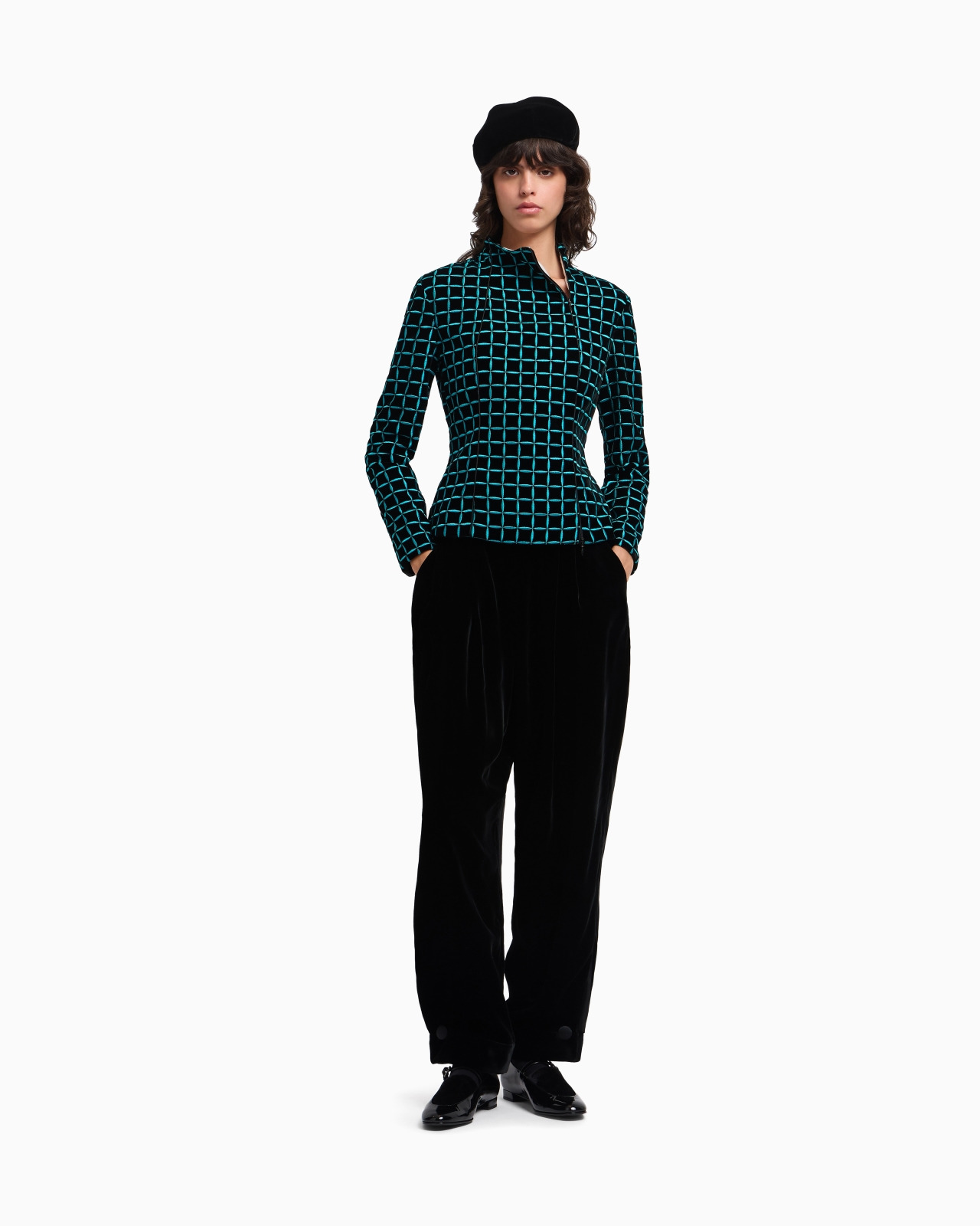 VELVET JACKET WITH EMBROIDERED CHECK MOTIF - 2