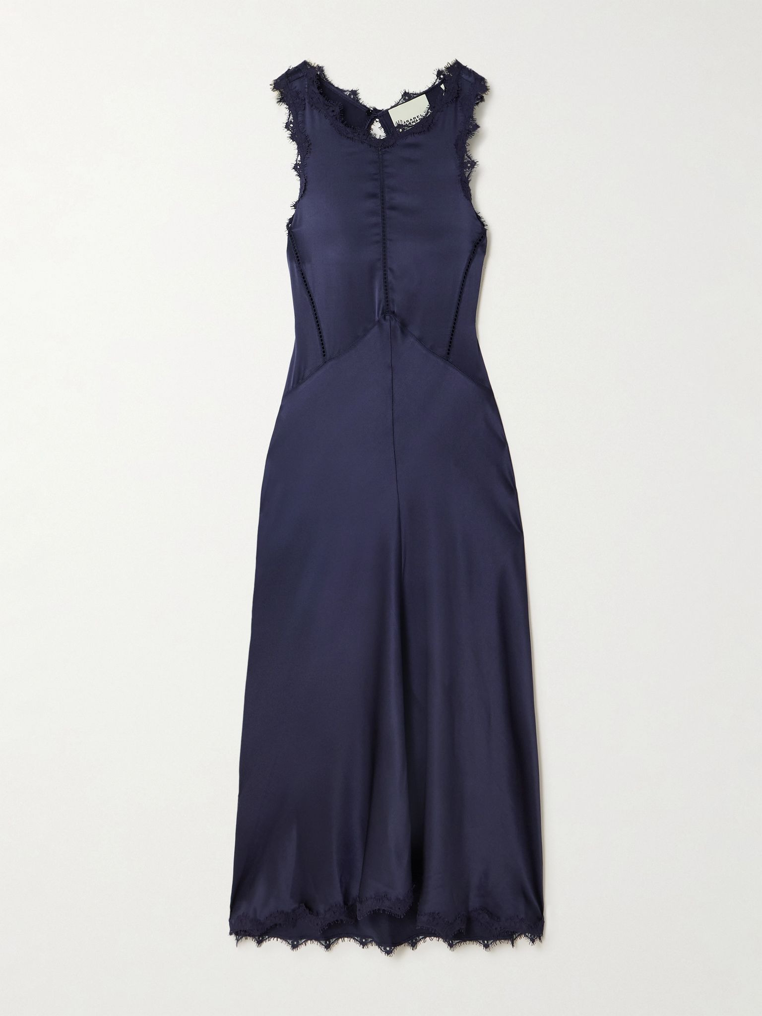 Jadelia lace and pointelle-trimmed silk-blend satin midi dress Midnight blue - 1