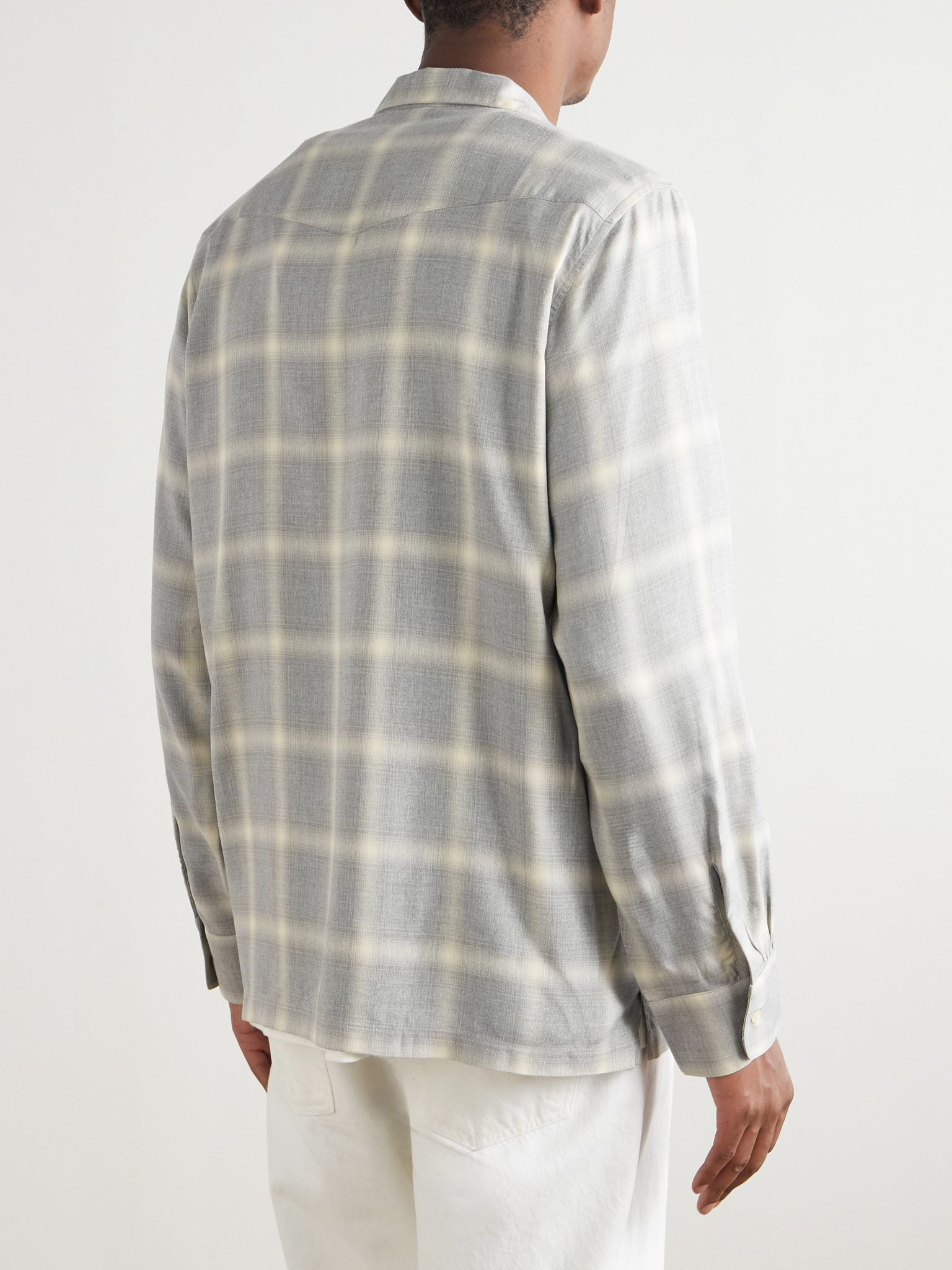 Eren Camp-Collar Checked Ramie Shirt Gray - 4