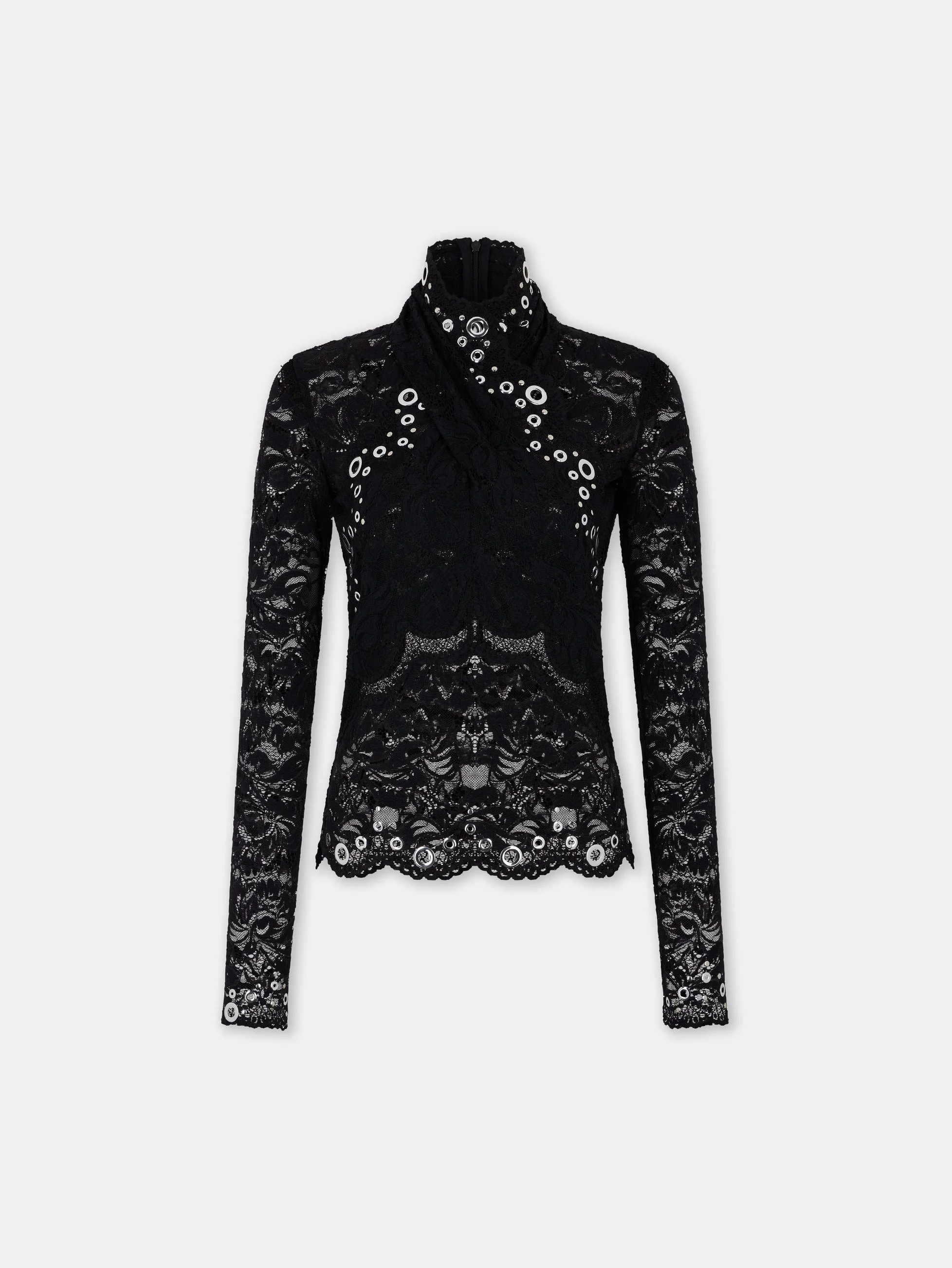LONG SLEEVE TOP IN BLACK LAYERED LACE WITH SILVER EYELETS DETAILS - 1