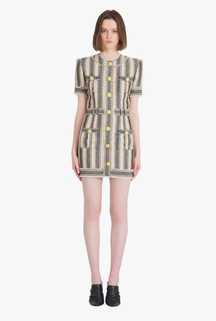 Short ecru and black cotton piqué dress with gold-tone buttons - 4