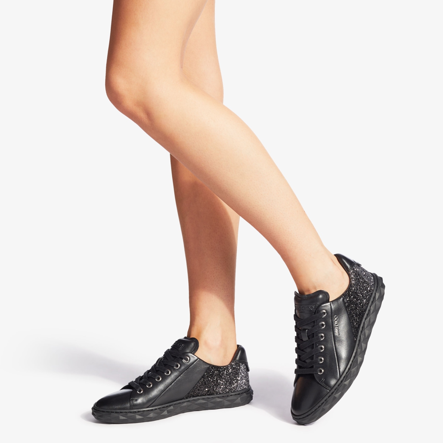 Diamond Light/F
Black Nappa Leather Low-Top Trainers with Glitter Panels - 2