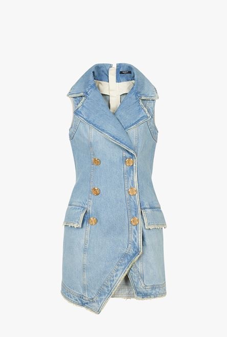 Short light blue eco-designed denim dress with gold-tone double-buttoned fastening - 1