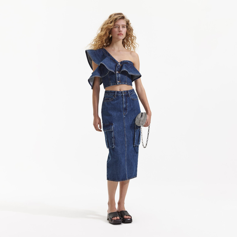 self-portrait Denim Frill One Shoulder Top outlook