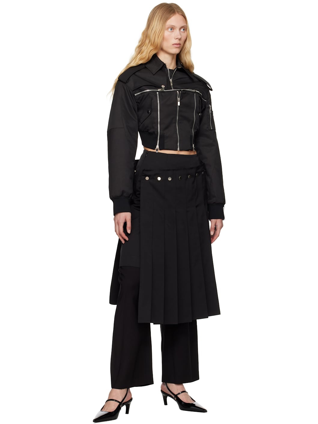 Black Double Layered Pleated Midi Skirt - 5