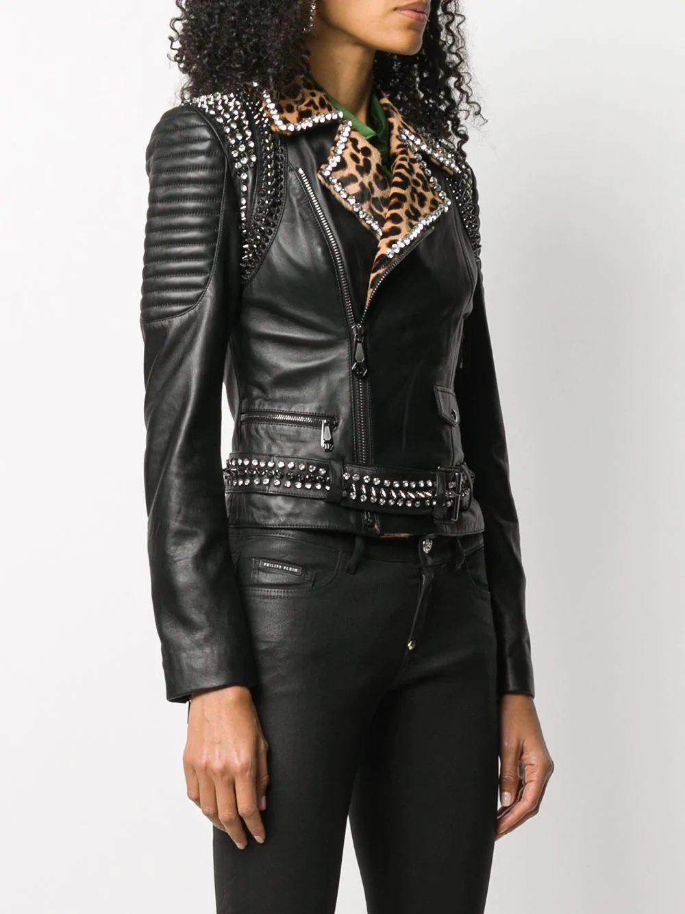 spike-stud leopard-print biker jacket - 3