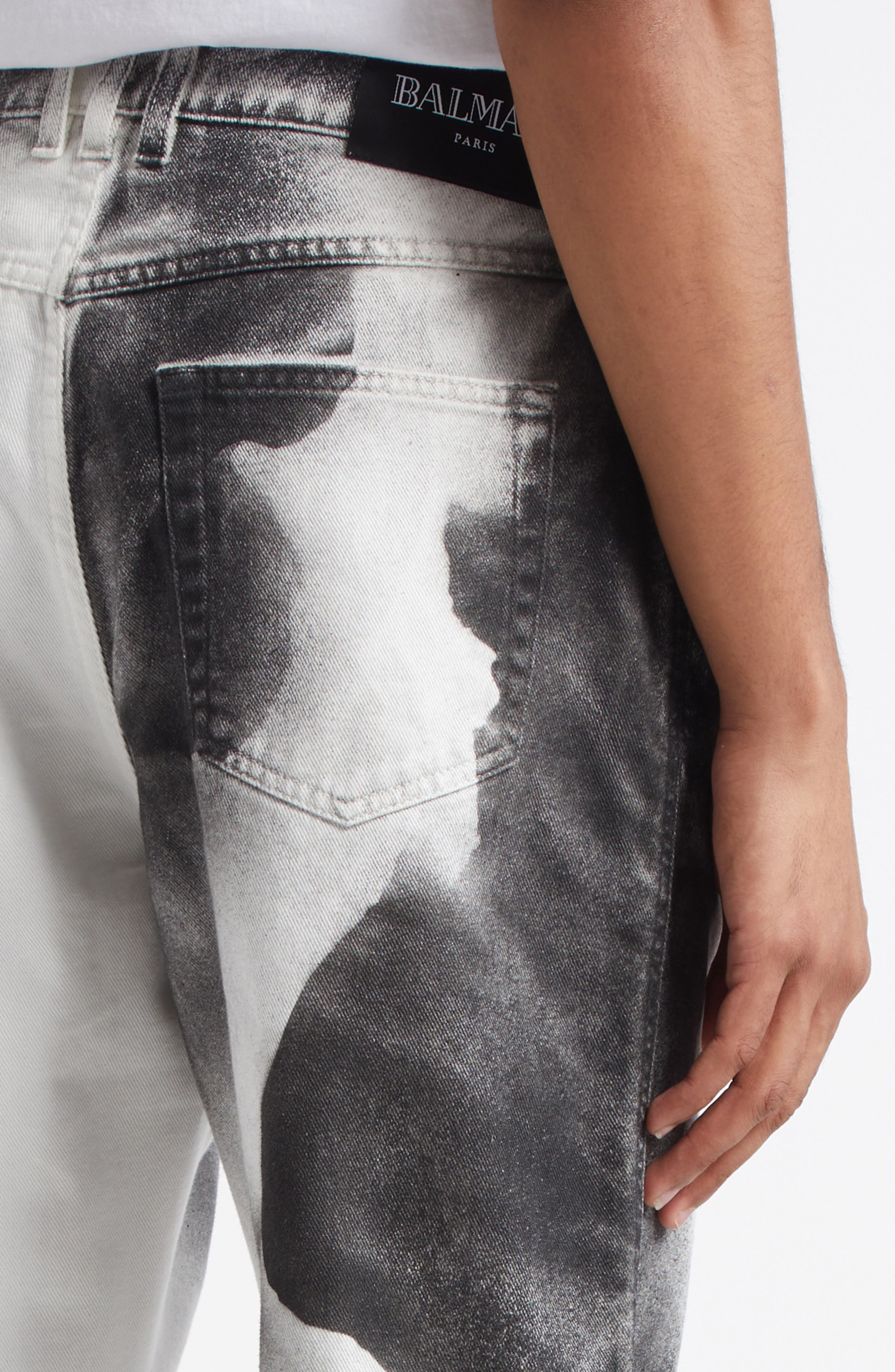 Balmain Moon Print Straight Leg Jeans in White/Black at Nordstrom - 5