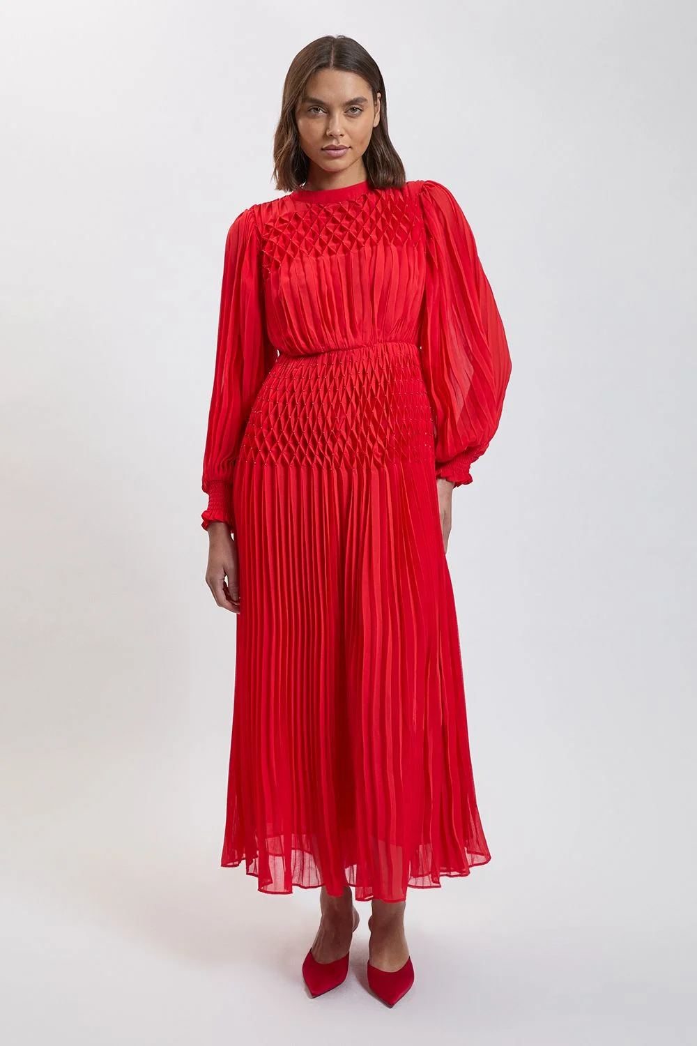 Pleated Beaded Detail Balloon Sleeve Maxi Dress - 1