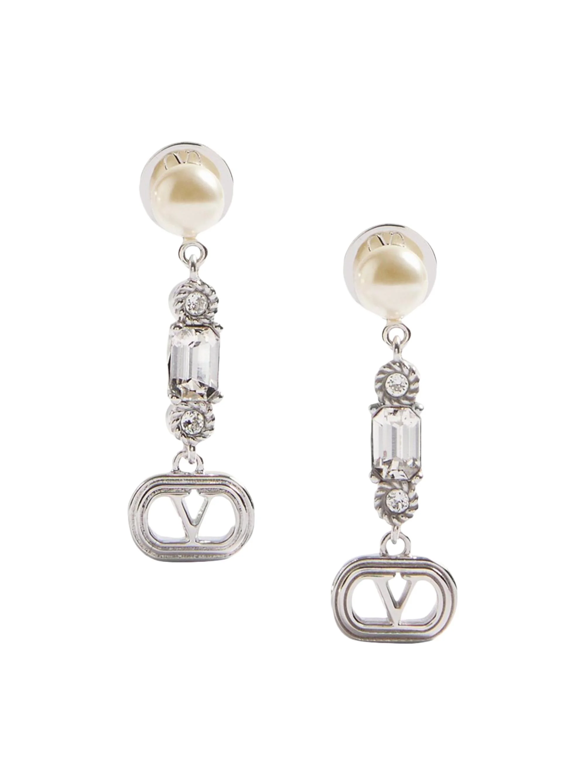Women's Ovalette Metal, Pearl and Swarovski Crystal Earrings - Rhodium - 1